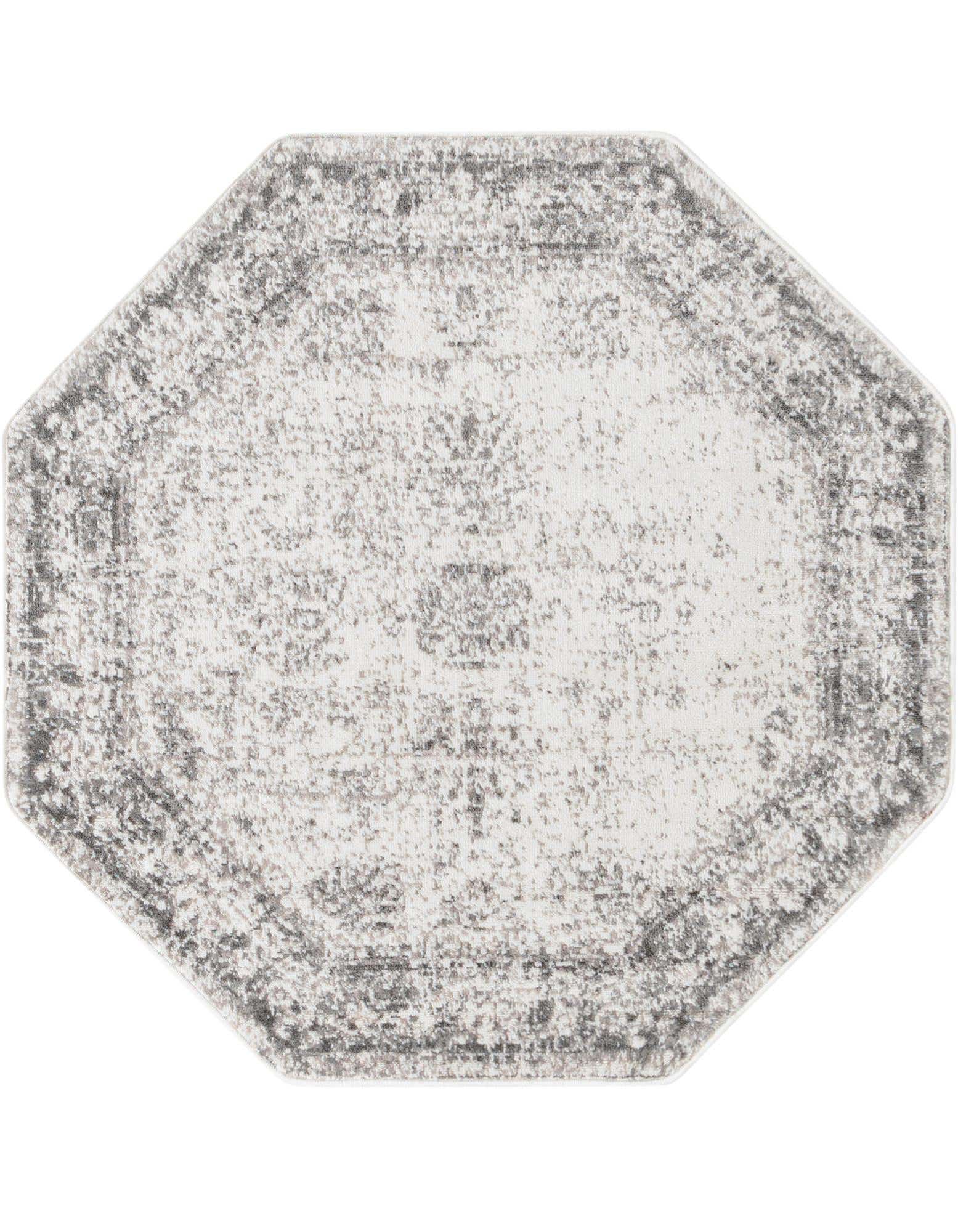 A 4' 0 x 4' 0 octagon gray and silver rug with a distressed medallion pattern, suitable for various indoor spaces.