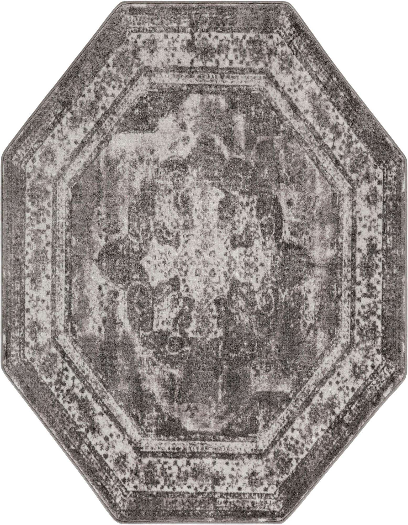 A 6' 0 x 6' 0 octagon gray area rug with a distressed Bohemian medallion pattern, featuring shades of gray and silver.