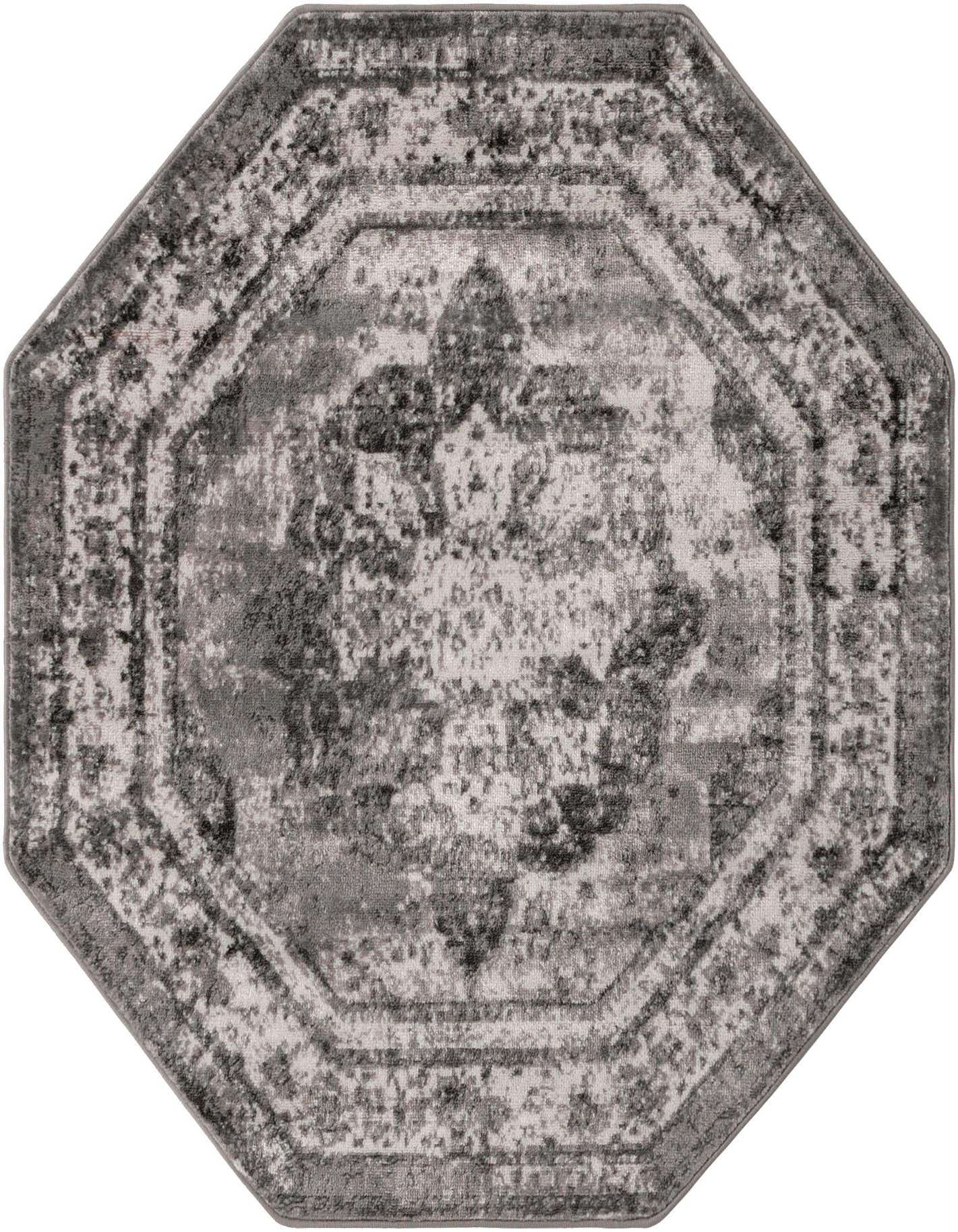 A 4' 0 x 4' 0 octagon gray area rug with a distressed traditional medallion pattern.