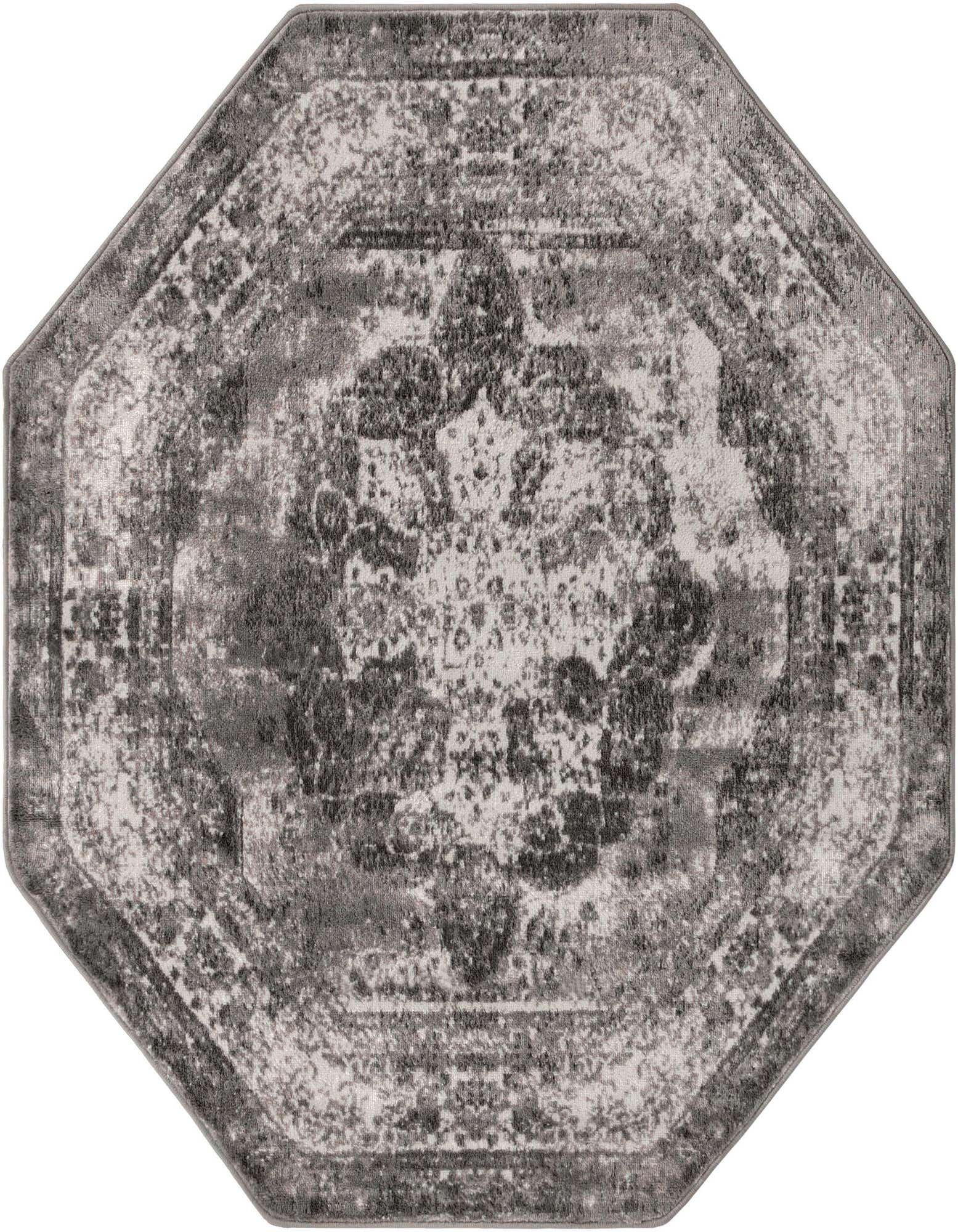Octagon-shaped gray and silver Bohemian rug with a distressed medallion pattern, ideal for an indoor living space.