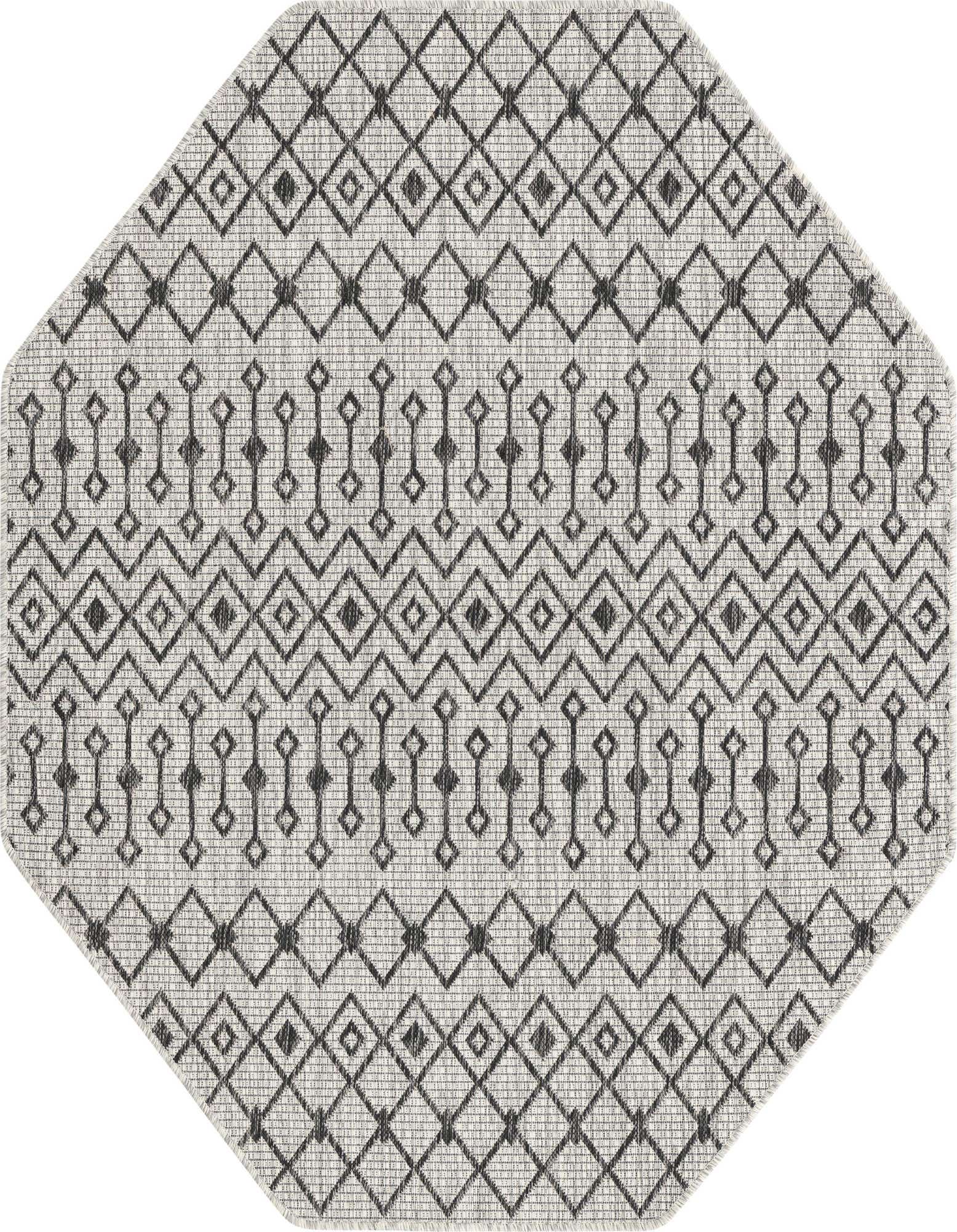 A 5'3" x 5'3" octagon gray and silver tribal patterned rug with a flatweave texture, suitable for indoor or outdoor use.