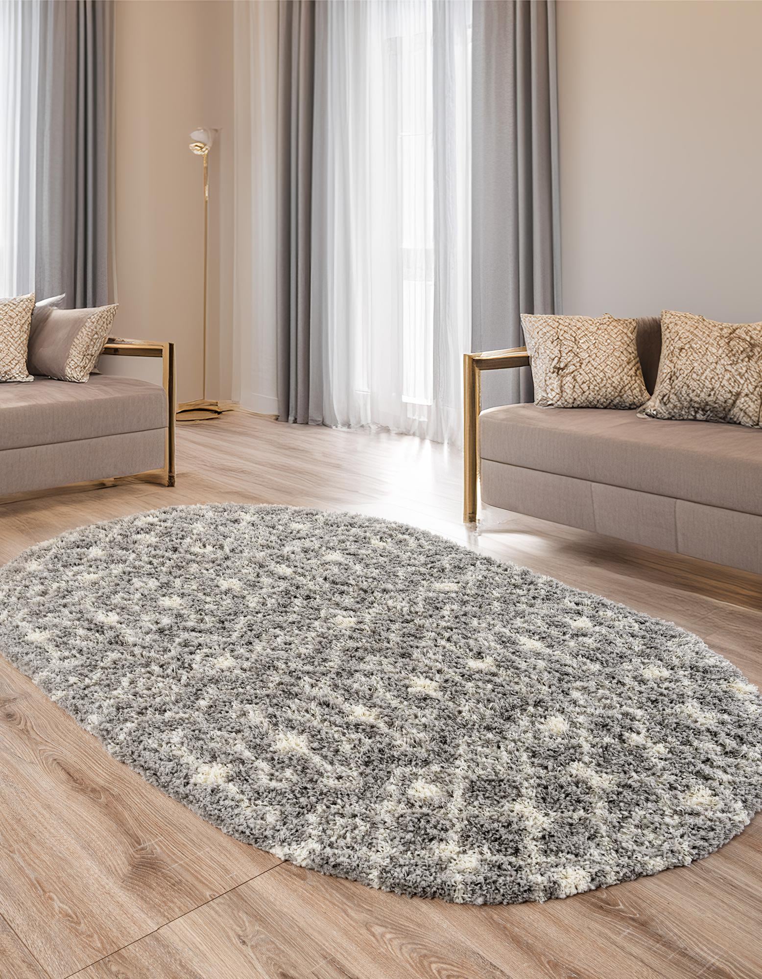 Gray 160cm x 245cm Moroccan Trellis Shag Oval Rug Rugs UK