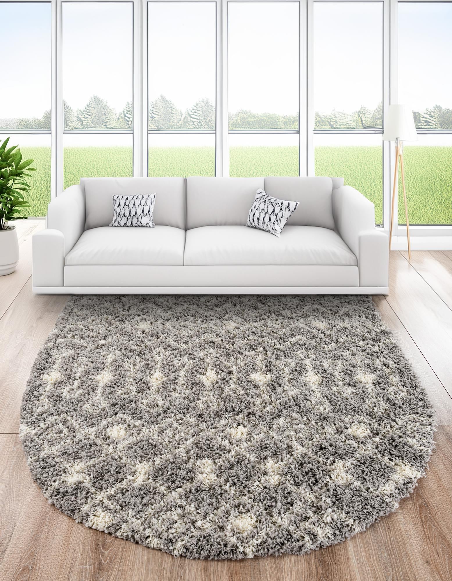 Gray 160cm x 245cm Moroccan Trellis Shag Oval Rug Rugs UK