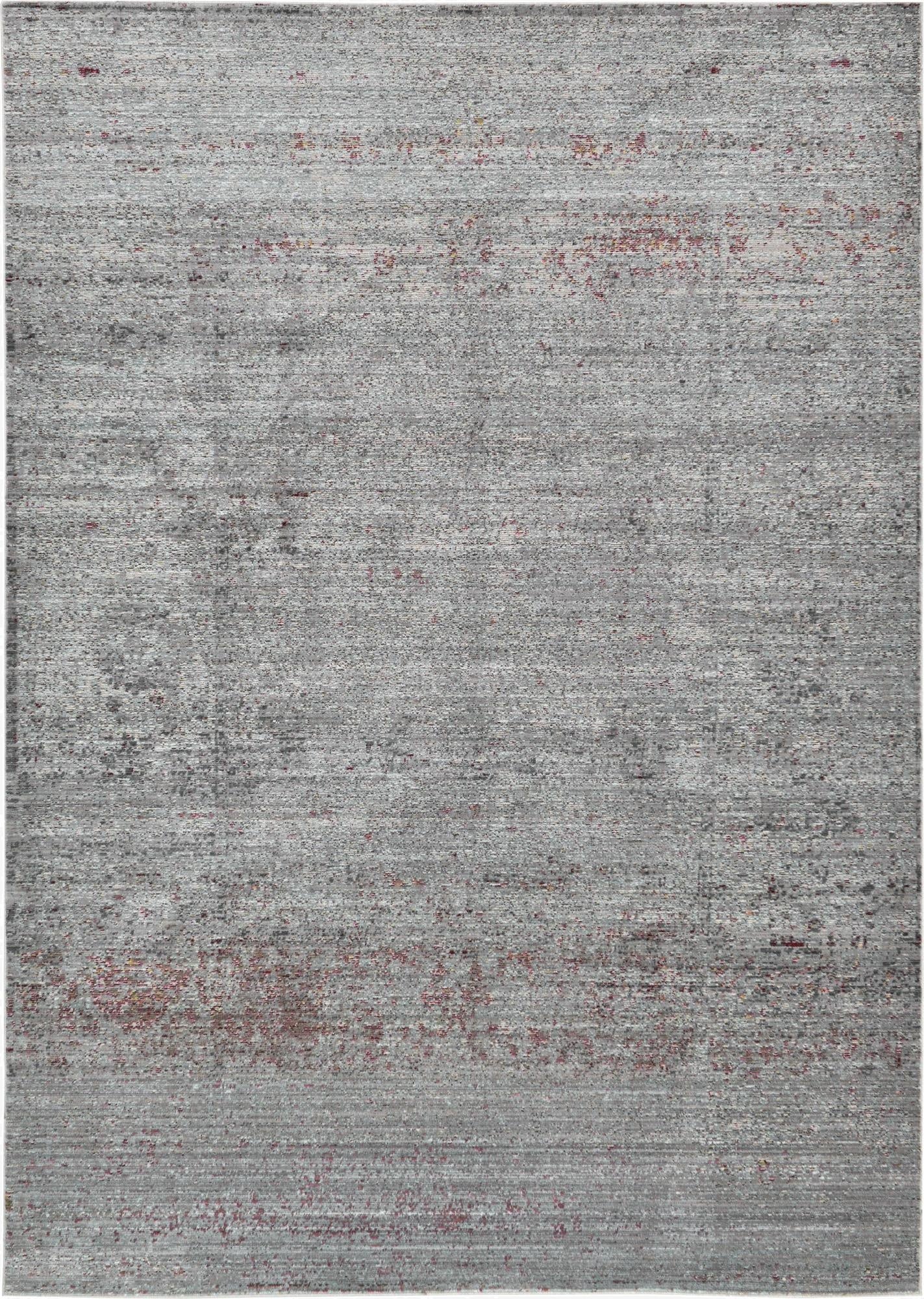 A 6x9 rectangular gray area rug with a subtle distressed bohemian pattern and hints of silver, suitable for a living room.