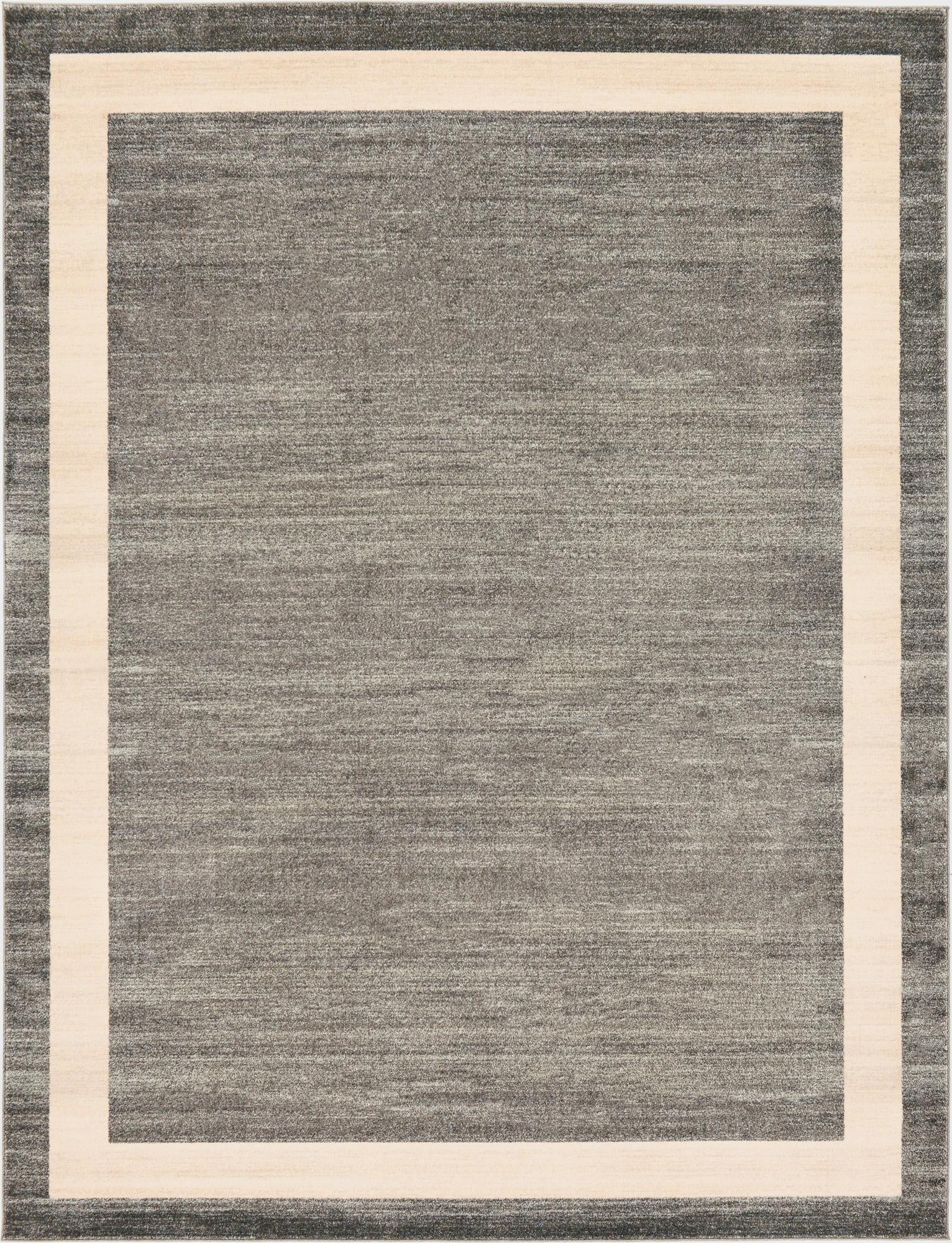 A 9x12 rectangular gray area rug with a light beige inner border and a darker gray outer border, suitable for a modern living room.
