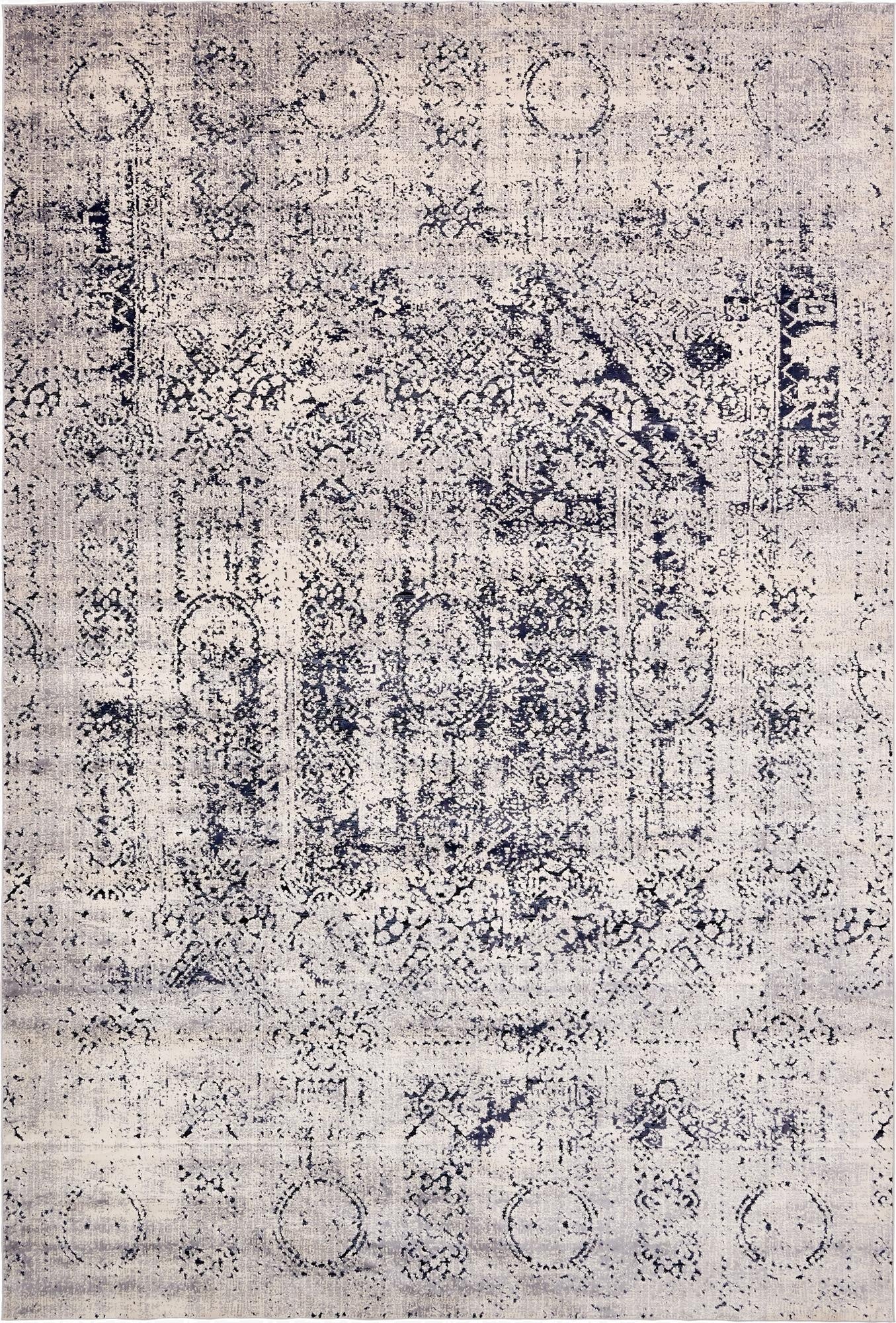 A large 10x14 rectangular gray area rug with a distressed traditional medallion pattern, ideal for a living room.