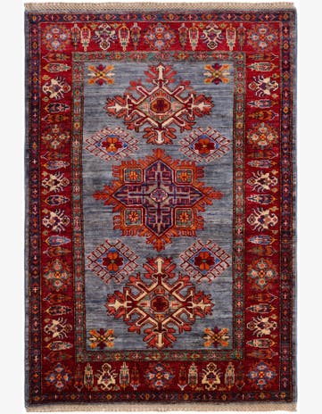 3' 4 x 4' 10 Hand Knotted Kazak Rug
