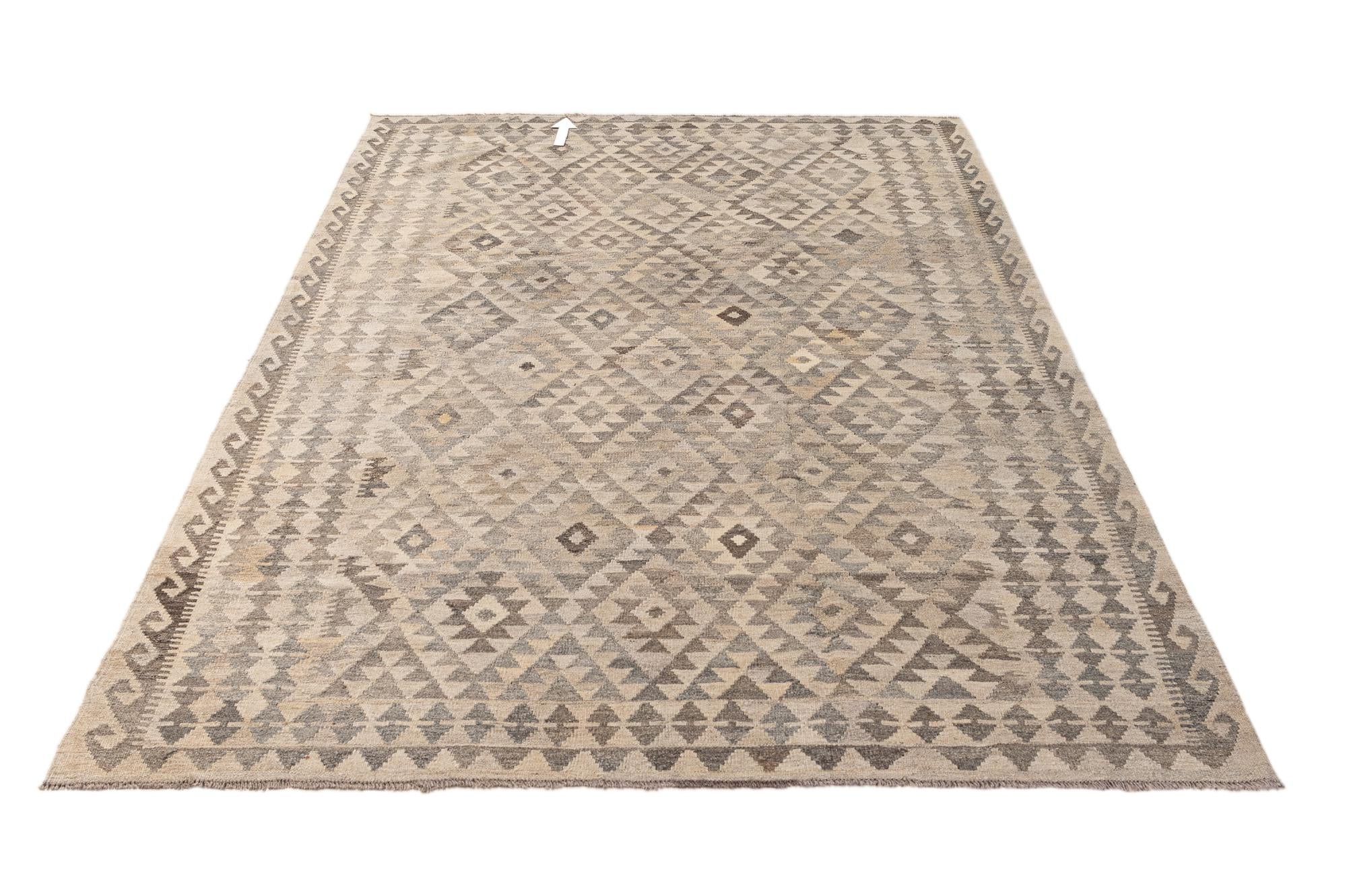 6' 8 x 9' 9 Hand Woven Kilim Maymana Wool Rug