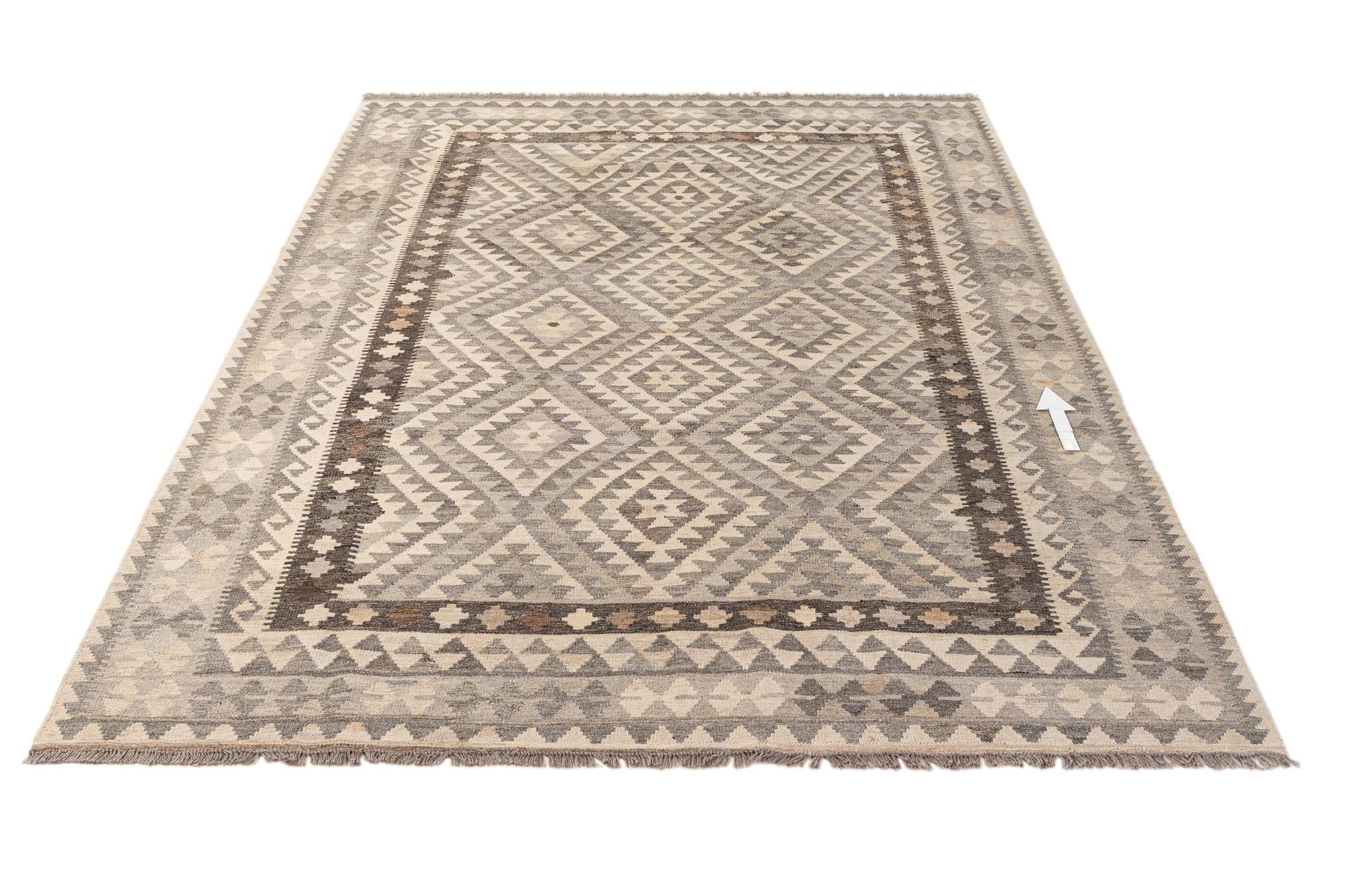 6' 9 x 9' 6 Hand Woven Kilim Maymana Wool Rug