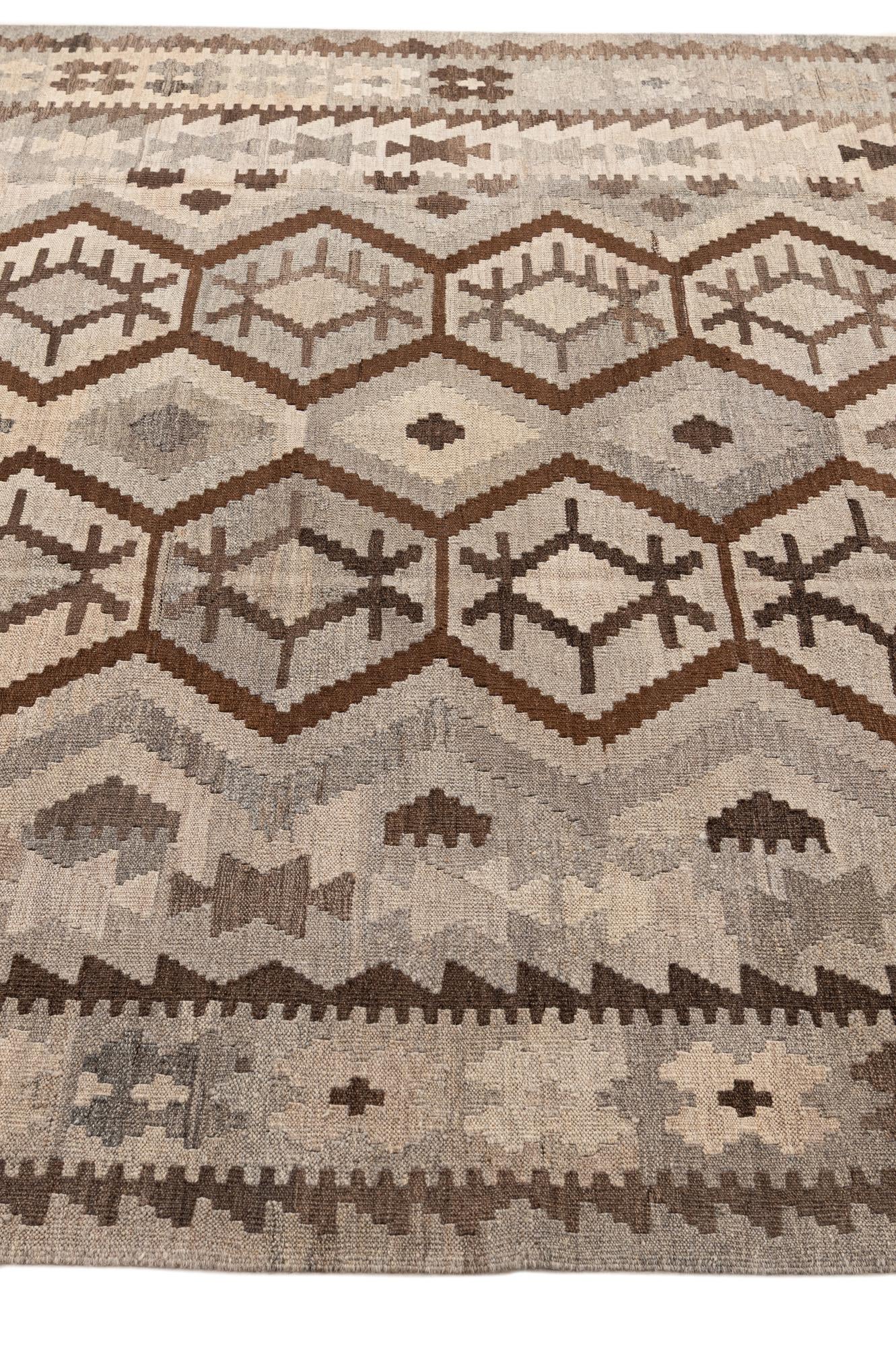 7' x 9' 6 Hand Woven Kilim Maymana Wool Rug
