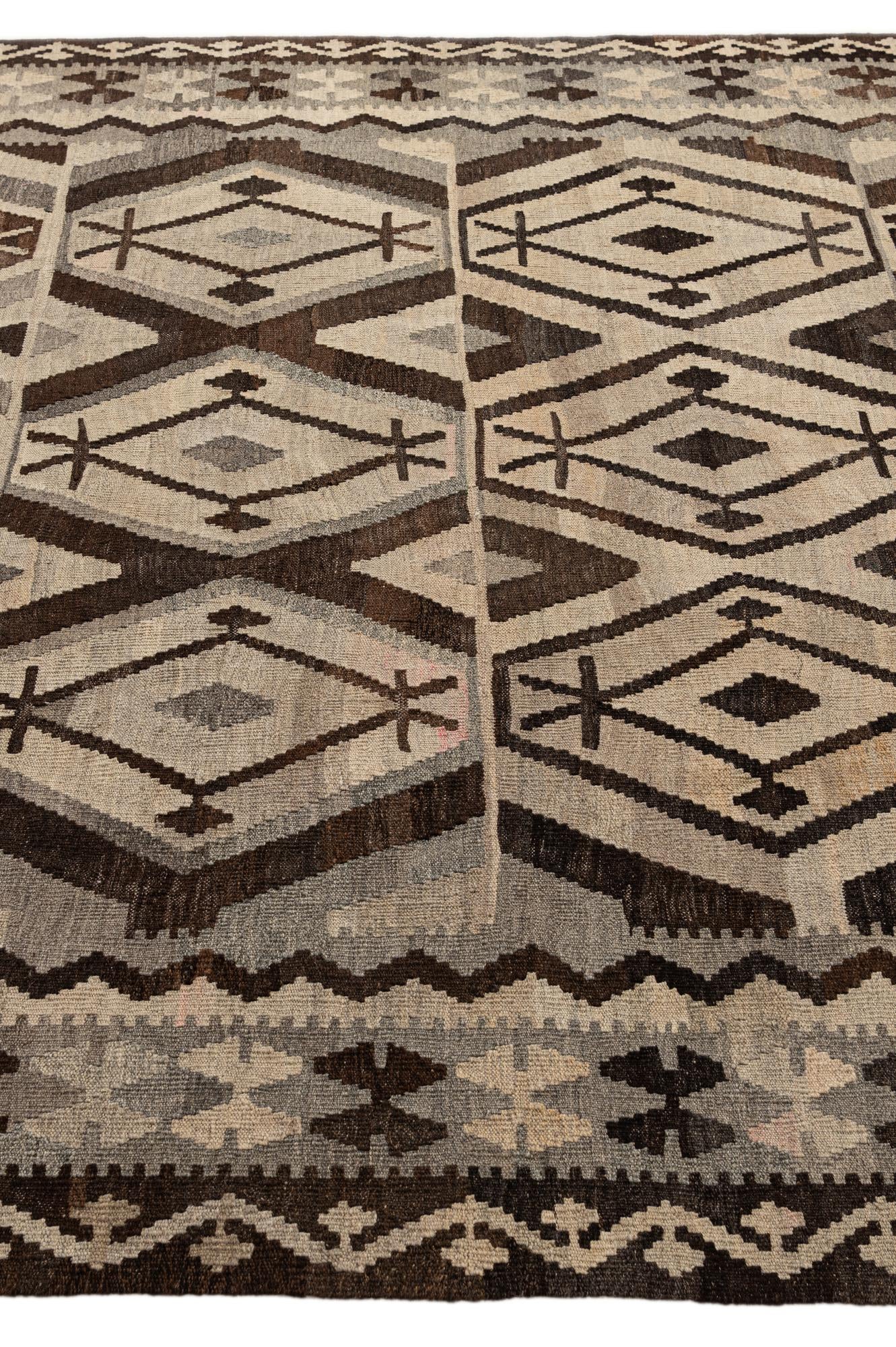 6' 9 x 9' 8 Hand Woven Kilim Maymana Wool Rug