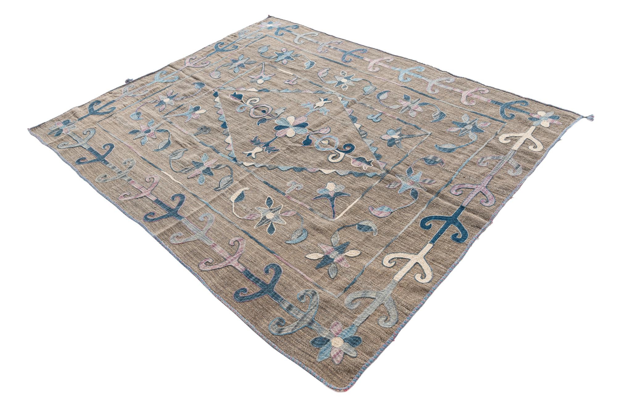 5' 3 x 6' 4 Hand Woven Kilim Suzani Wool Rug