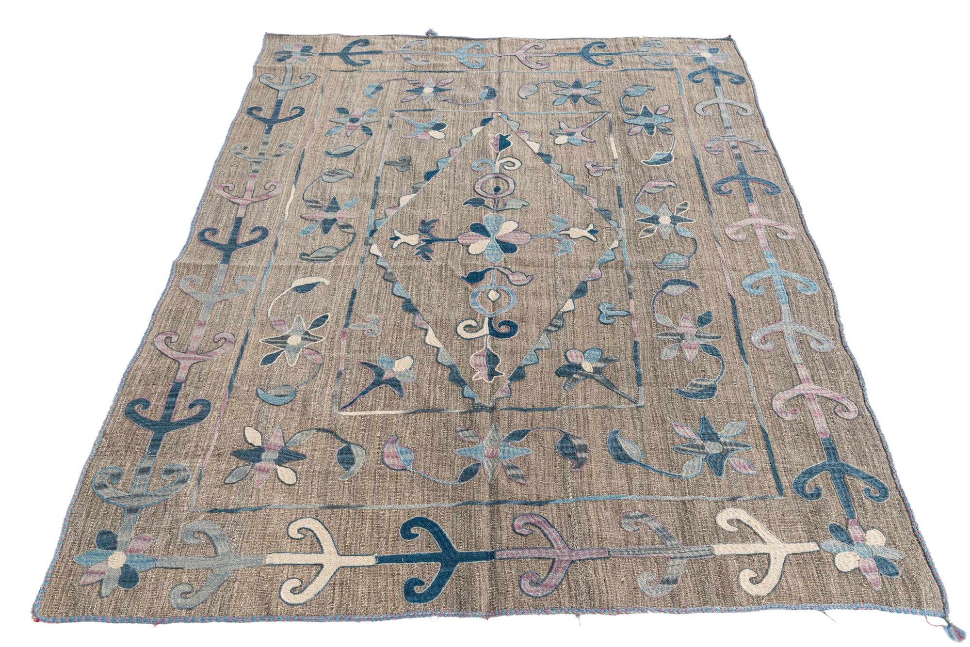 5' 3 x 6' 4 Hand Woven Kilim Suzani Wool Rug