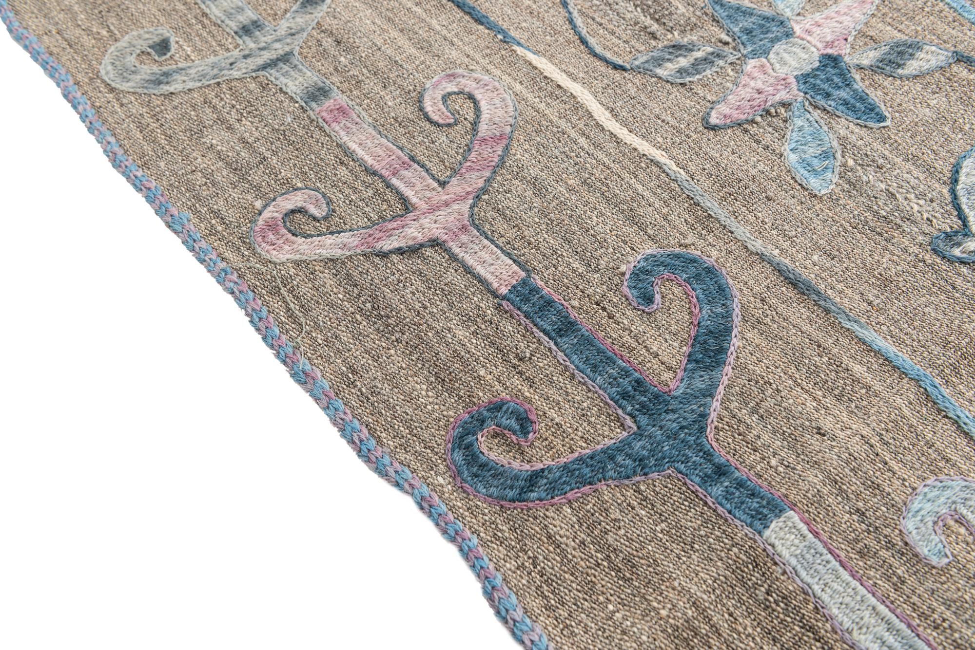 5' 3 x 6' 4 Hand Woven Kilim Suzani Wool Rug