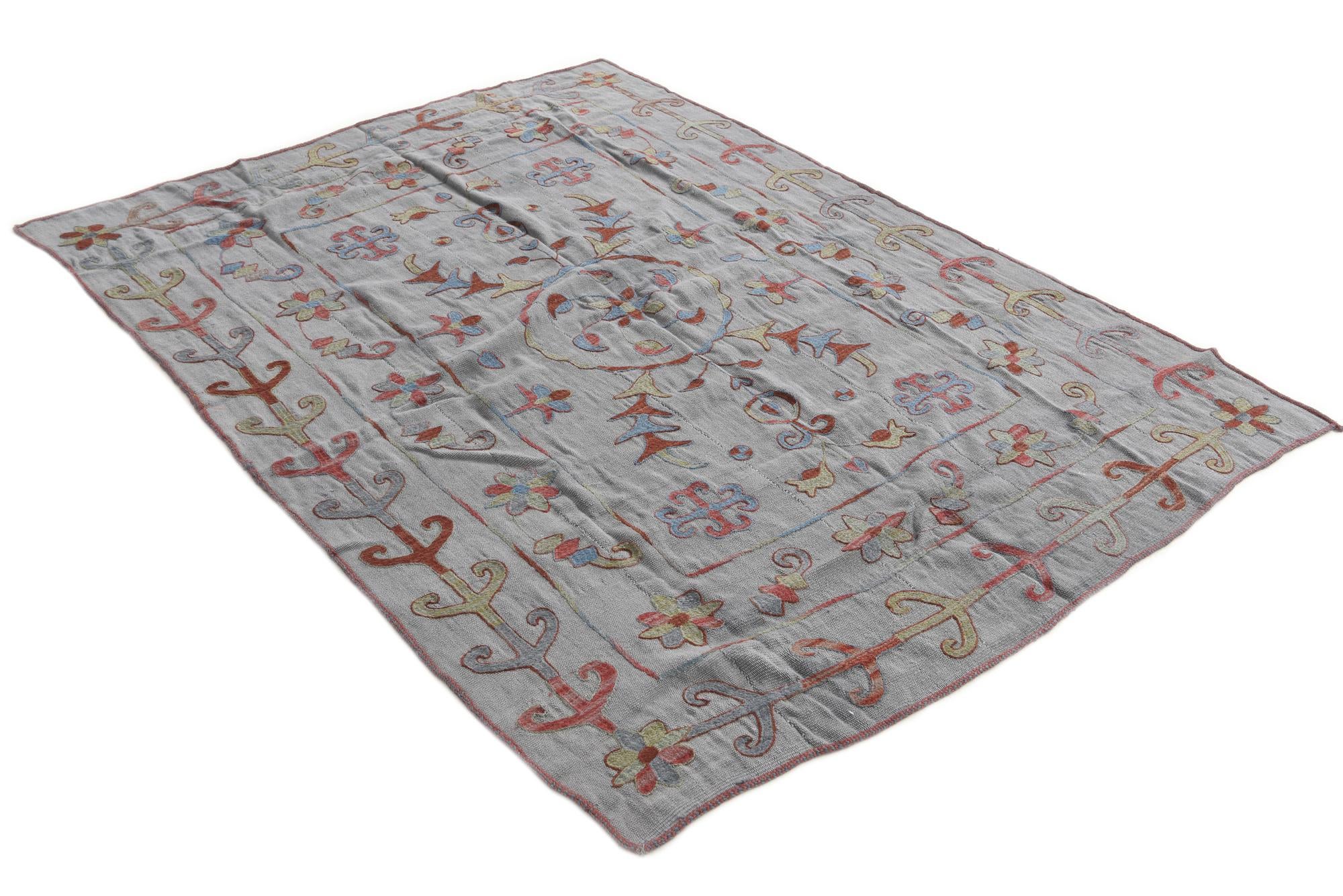 5' 9 x 7' 8 Hand Woven Kilim Suzani Wool Rug