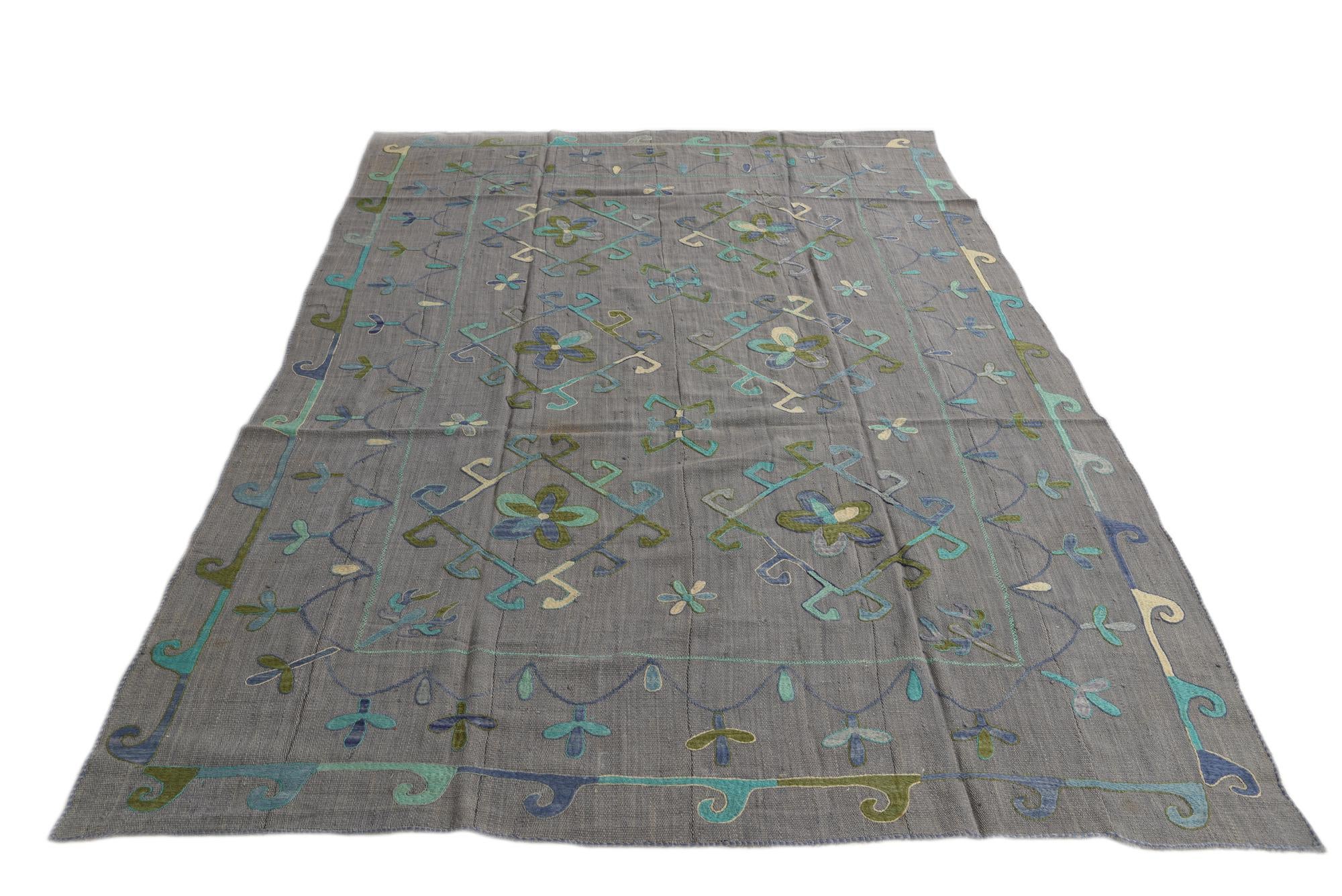 6' 9 x 9' 5 Hand Woven Kilim Suzani Wool Rug