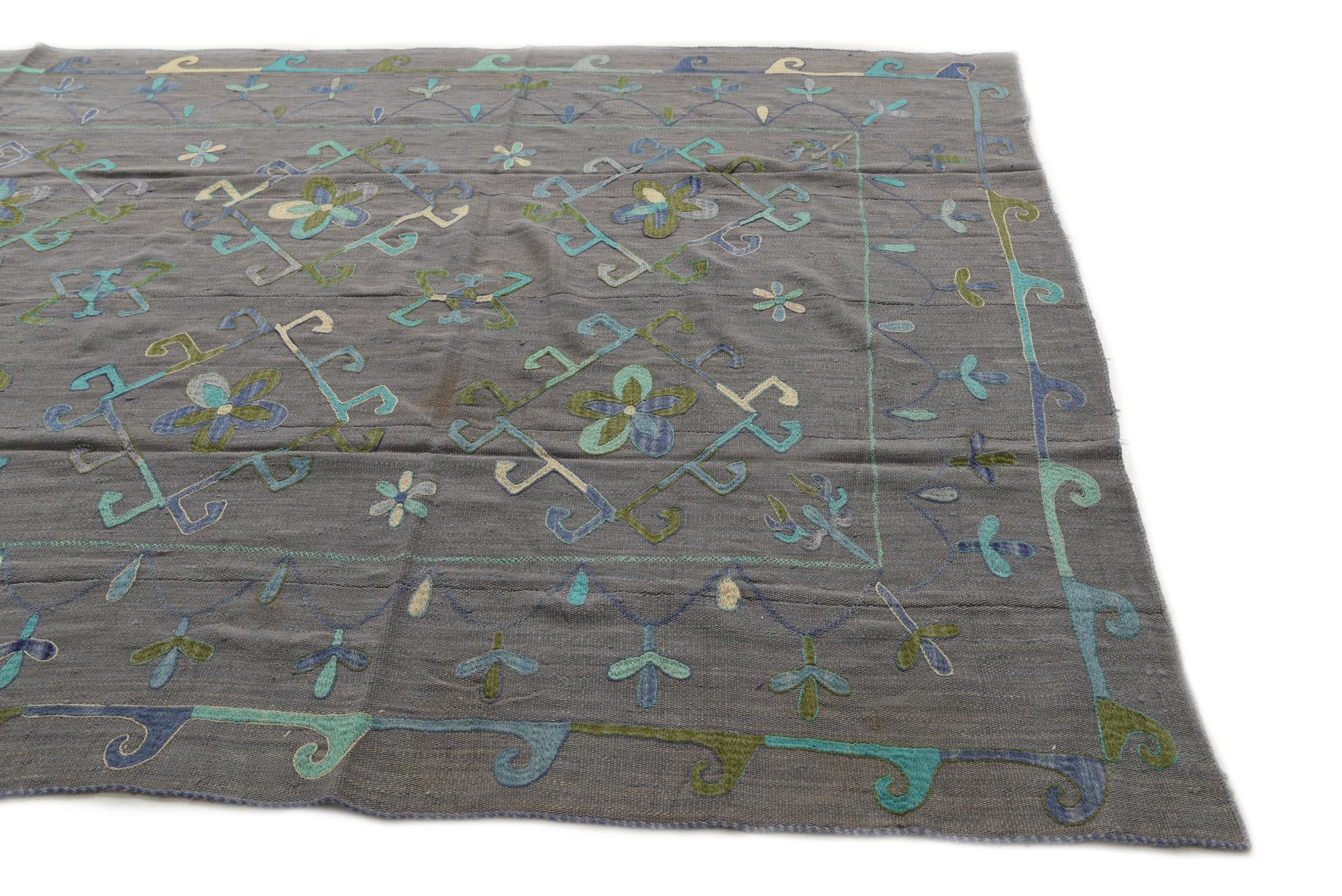 6' 9 x 9' 5 Hand Woven Kilim Suzani Wool Rug