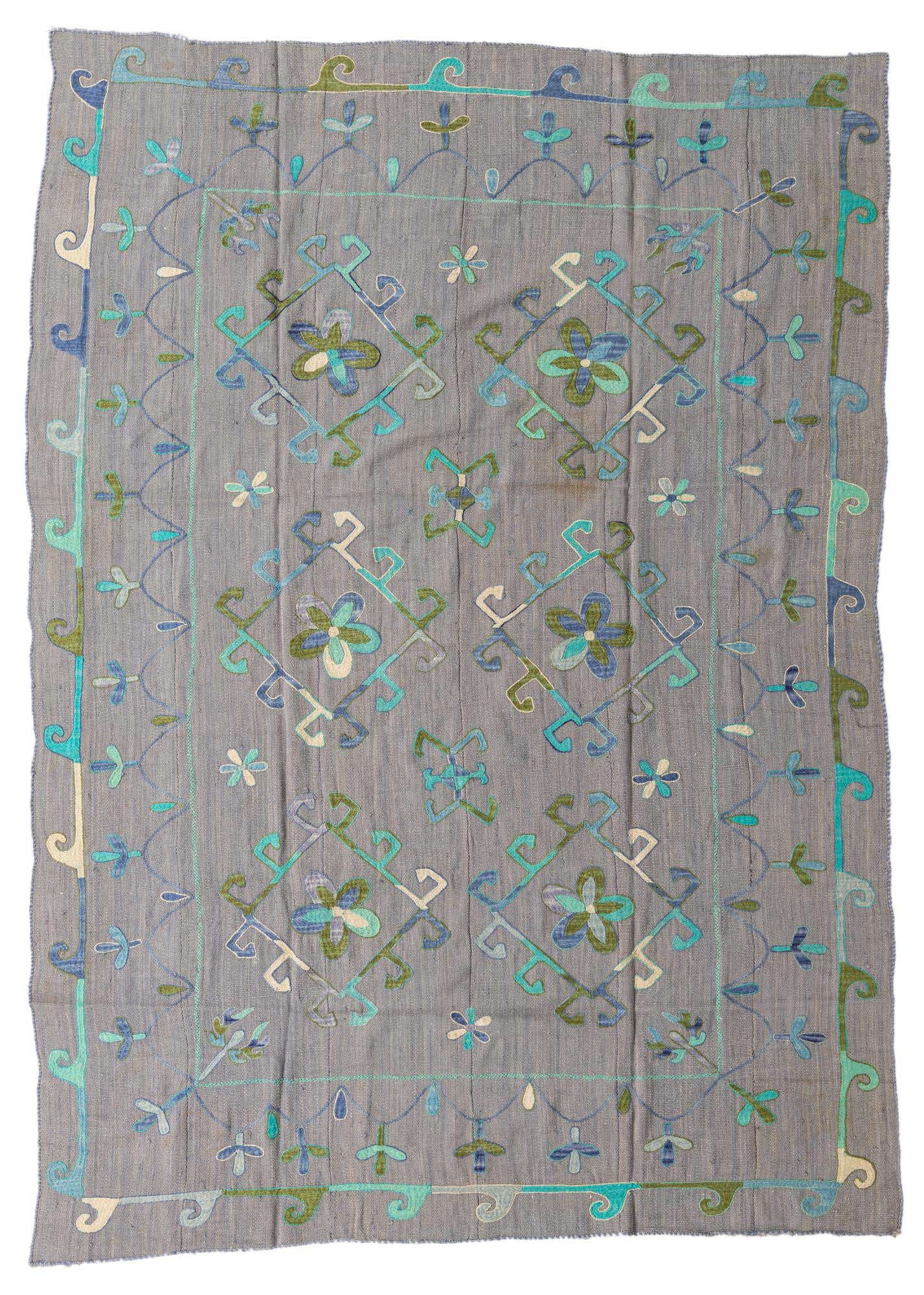 6' 9 x 9' 5 Hand Woven Kilim Suzani Wool Rug
