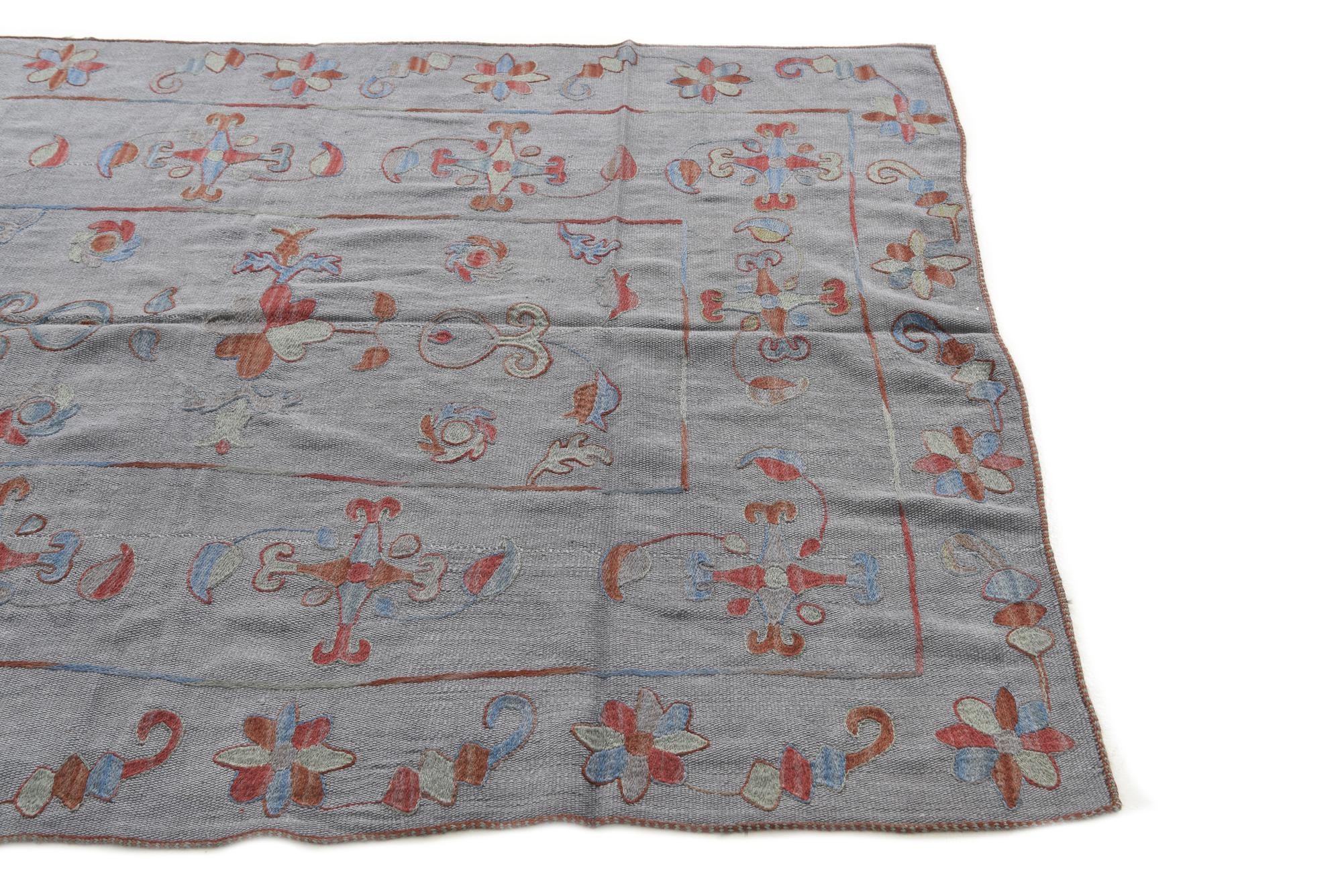 5' 1 x 6' 6 Hand Woven Kilim Suzani Wool Rug