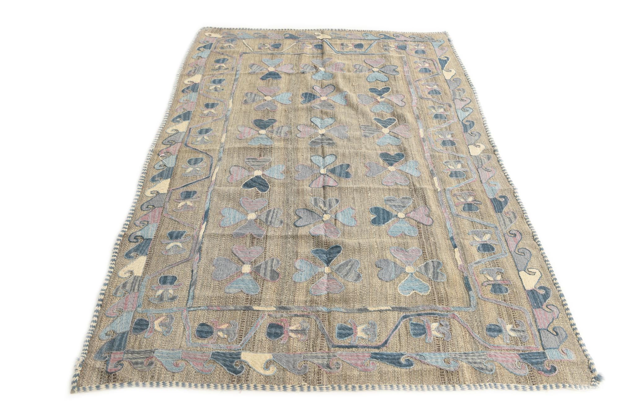 4' 8 x 7' 2 Hand Woven Kilim Suzani Wool Rug