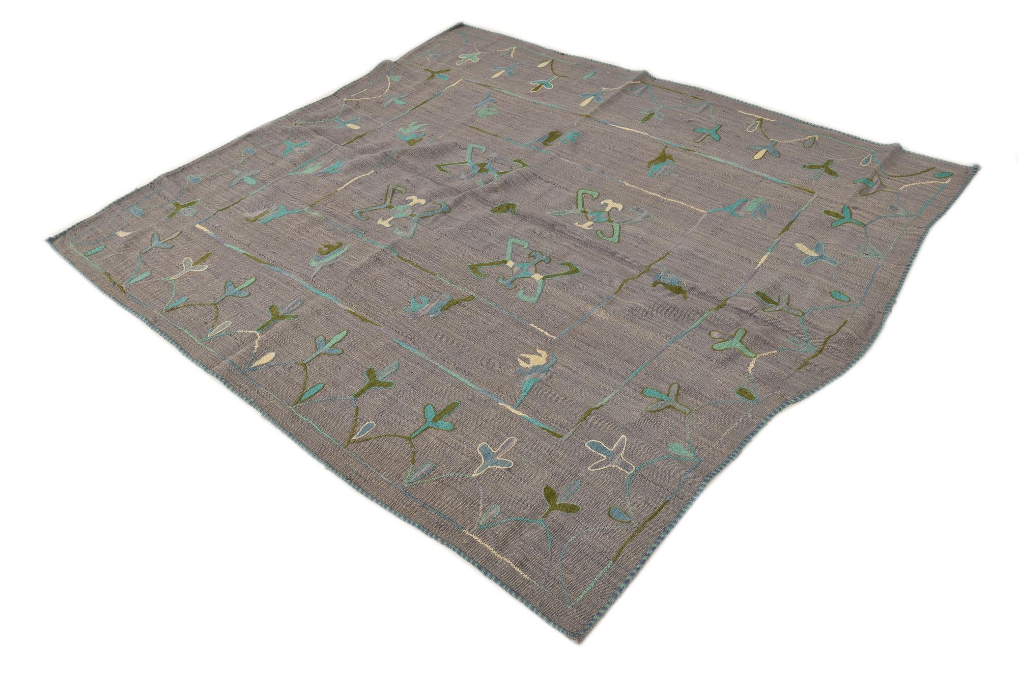 5' 9 x 6' 2 Hand Woven Kilim Suzani Wool Rug