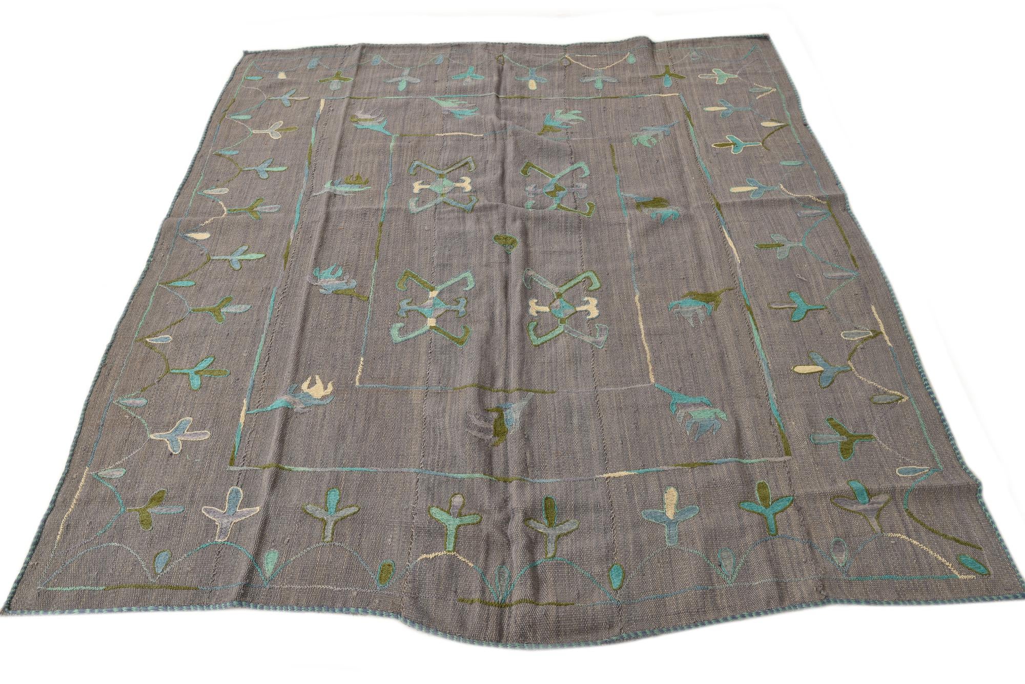 5' 9 x 6' 2 Hand Woven Kilim Suzani Wool Rug