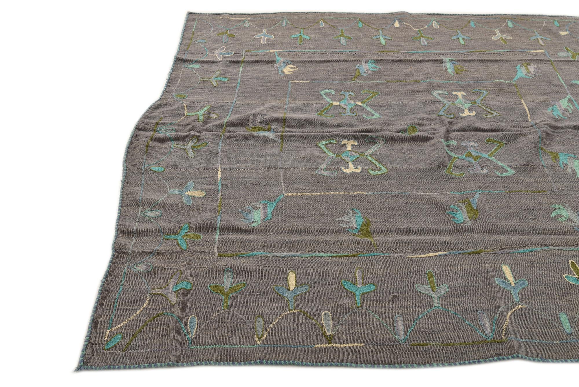 5' 9 x 6' 2 Hand Woven Kilim Suzani Wool Rug