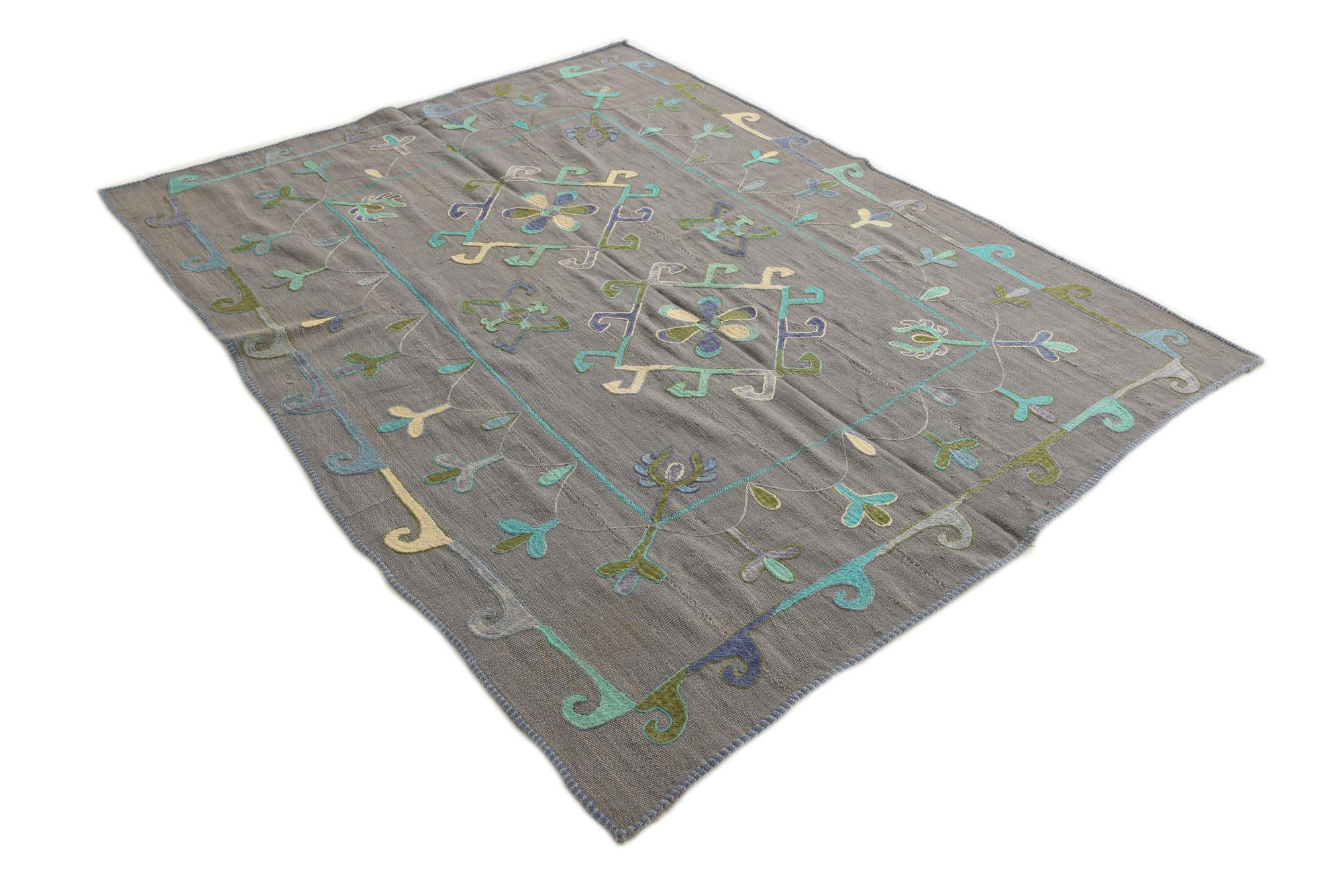 5' 9 x 7' 5 Hand Woven Kilim Suzani Wool Rug