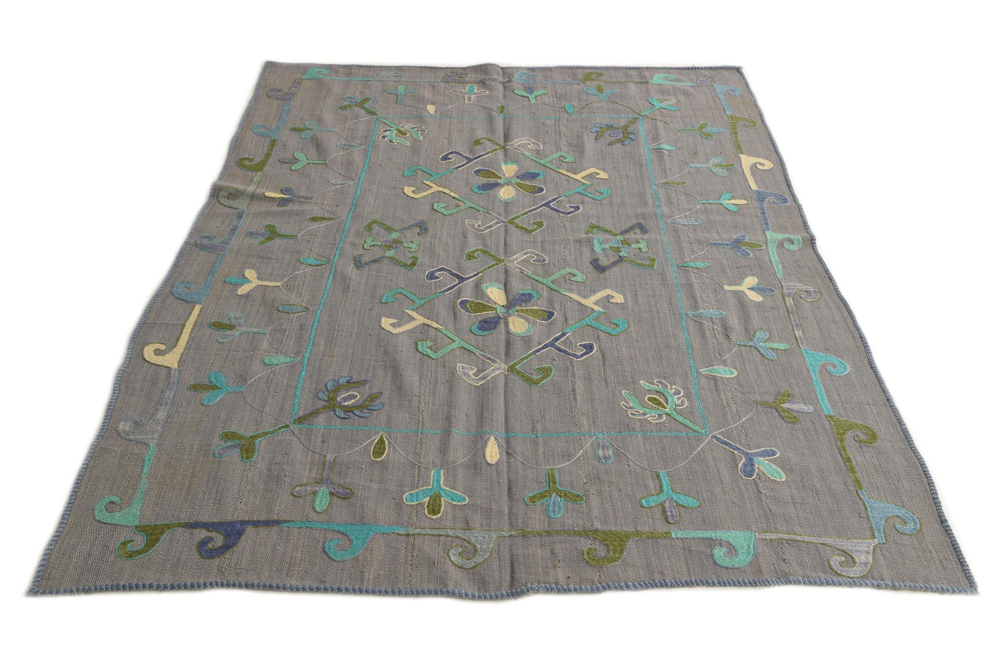 5' 9 x 7' 5 Hand Woven Kilim Suzani Wool Rug