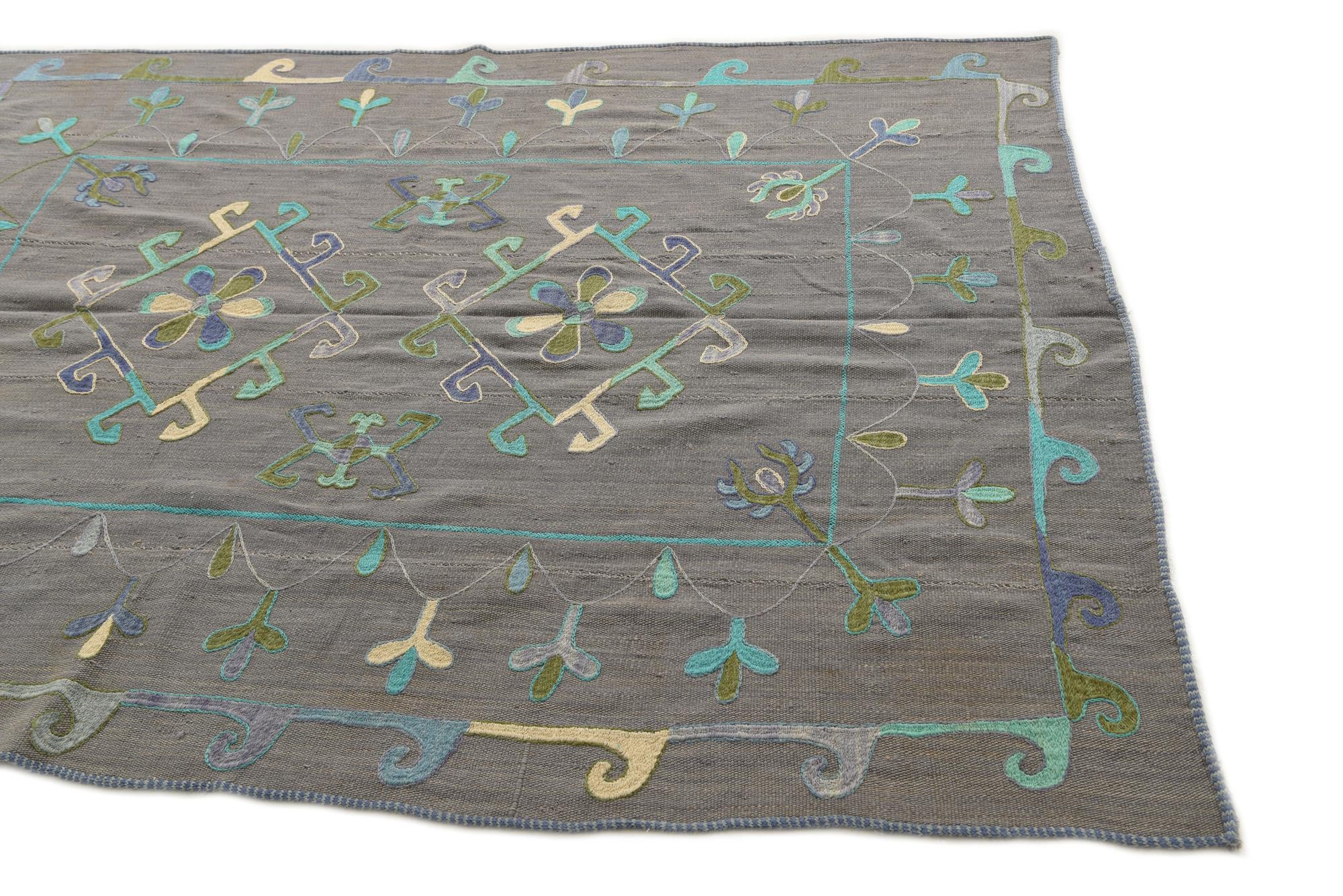 5' 9 x 7' 5 Hand Woven Kilim Suzani Wool Rug
