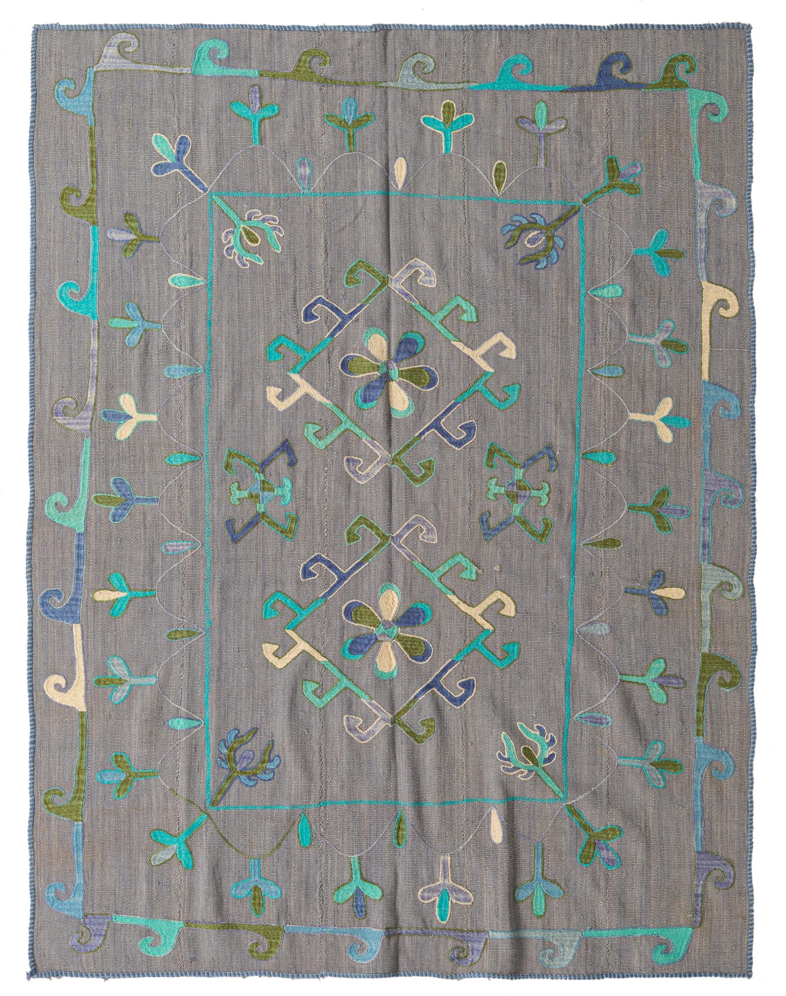 5' 9 x 7' 5 Hand Woven Kilim Suzani Wool Rug