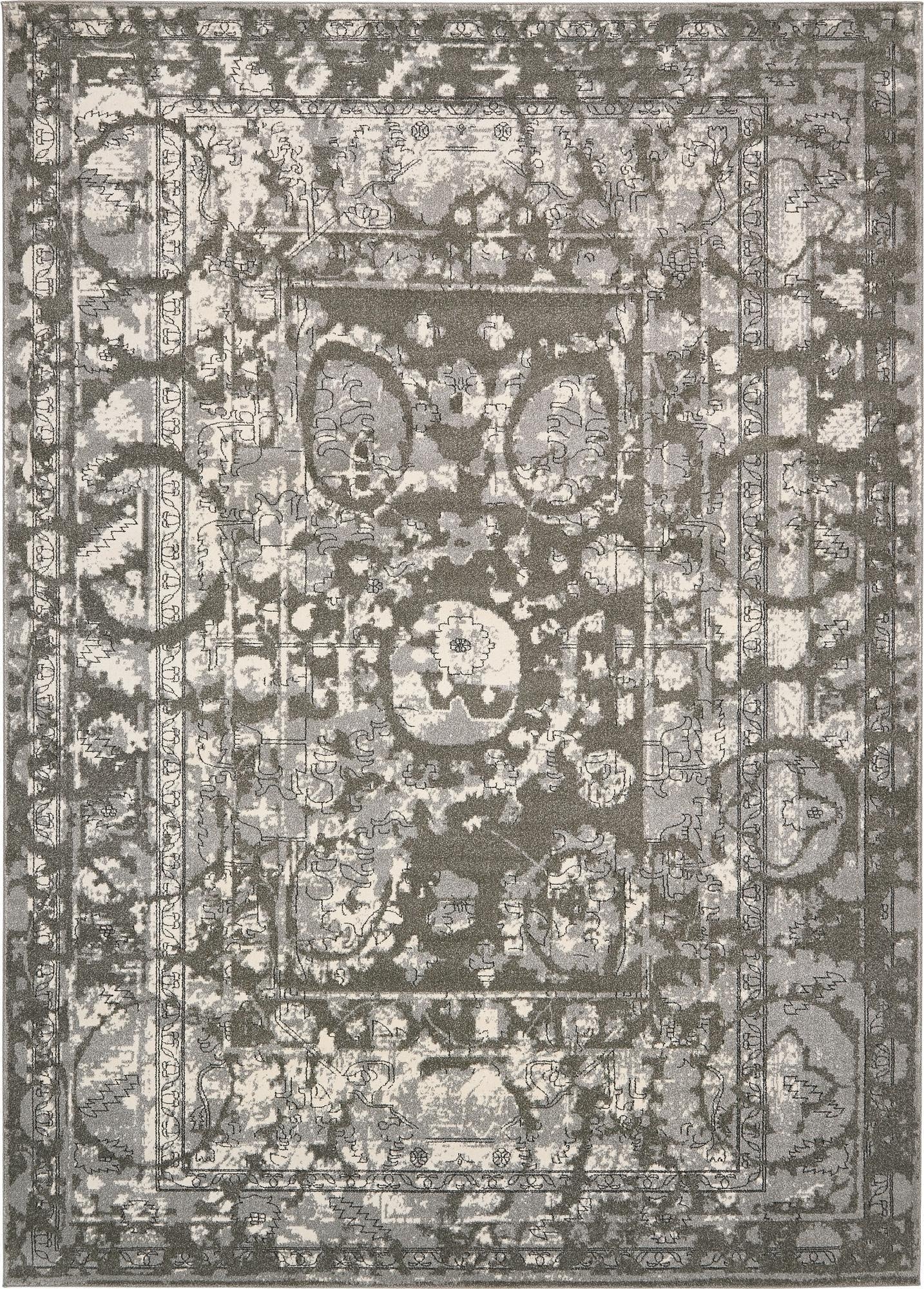 A 10x14 rectangular gray and silver area rug with an eclectic medallion and botanical pattern, suitable for various indoor rooms.