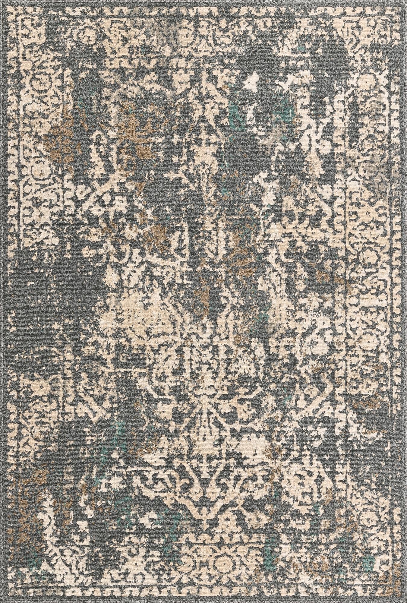 A 4x6 rectangular gray area rug with an abstract, distressed traditional pattern in cream, brown, and hints of teal.