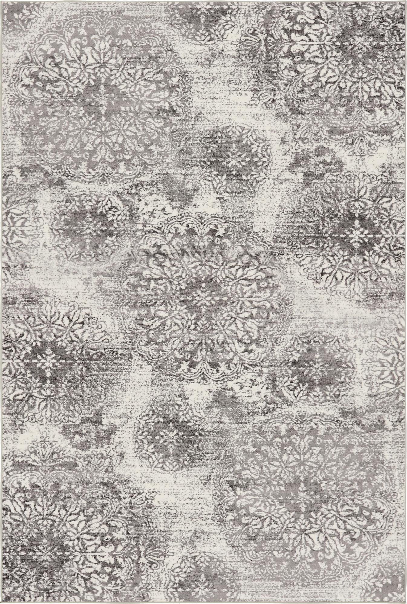 A 6x9 rectangular gray area rug with a distressed floral medallion pattern in varying shades of gray and silver.