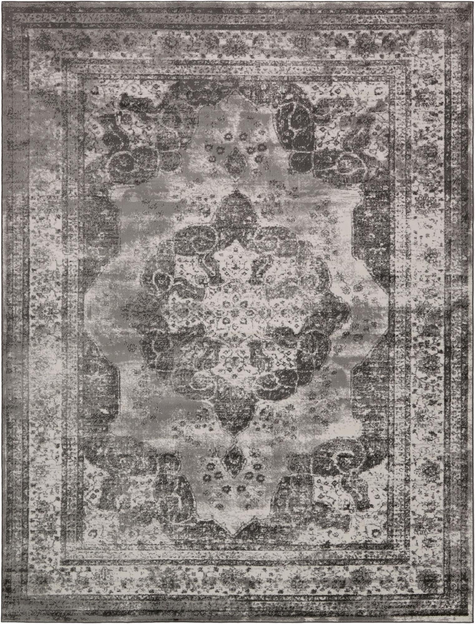 A 9x12 rectangular Monte Carlo rug in shades of gray and silver, featuring a distressed medallion and traditional border pattern.