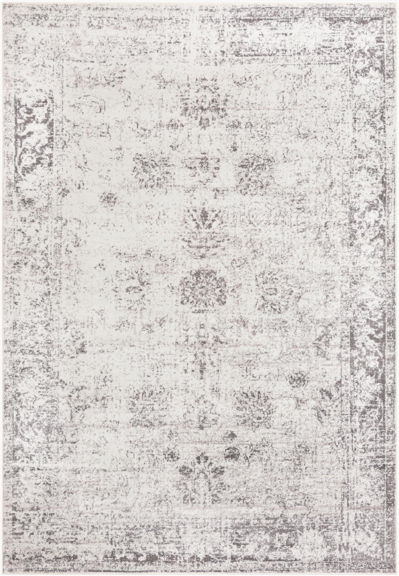A 7x10 rectangular gray and silver area rug with a distressed bohemian medallion pattern, suitable for a living room.