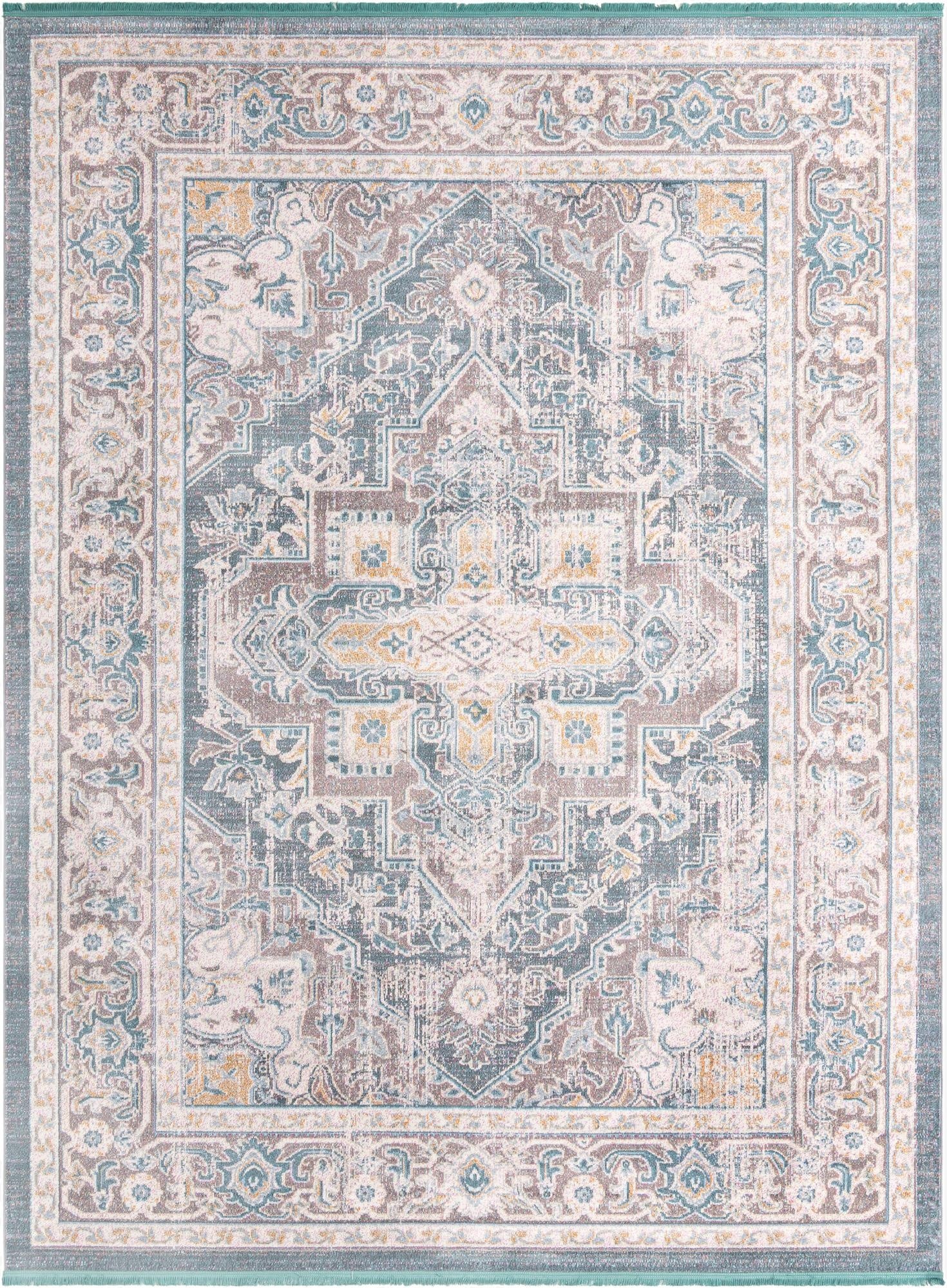A 10x13 rectangular Santiago rug featuring a distressed traditional medallion pattern in shades of gray, silver, teal, and brown.