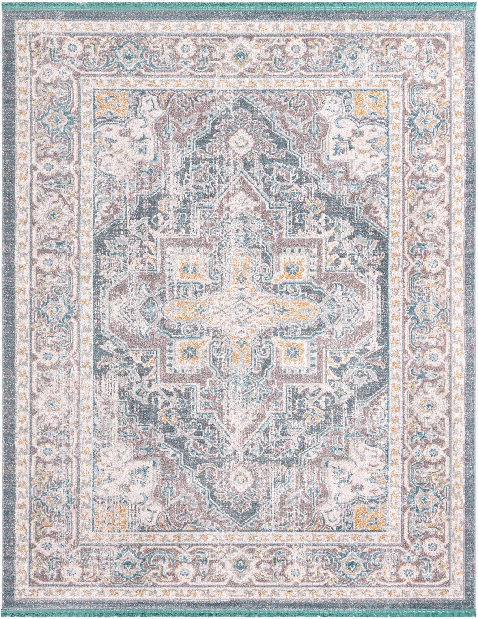 An 8x10 rectangular Santiago rug featuring a distressed traditional medallion pattern in grays, silvers, and hints of teal and gold.