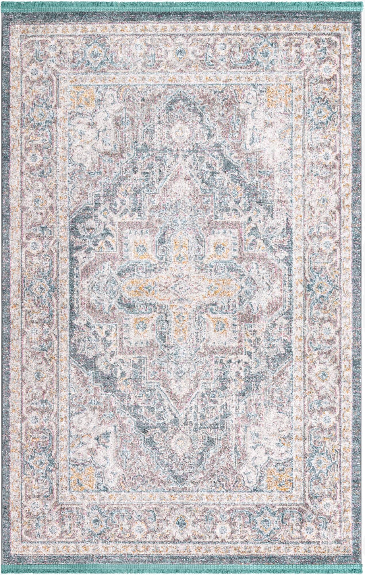 A 5x8 rectangular Santiago area rug by Rugs.com, featuring a faded traditional medallion pattern in grays, silvers, and hints of teal and gold.