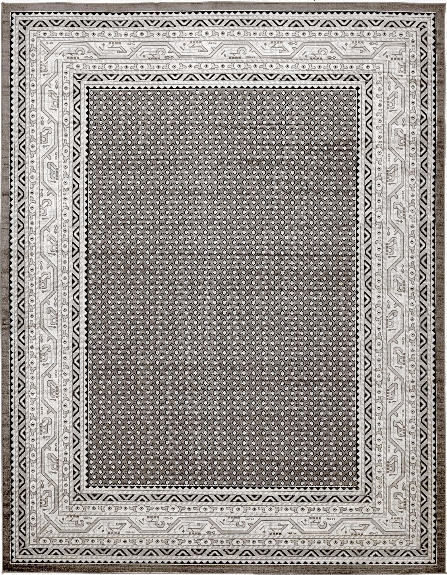 A 10x13 rectangular gray Southwestern area rug with a detailed white and black tribal border pattern.