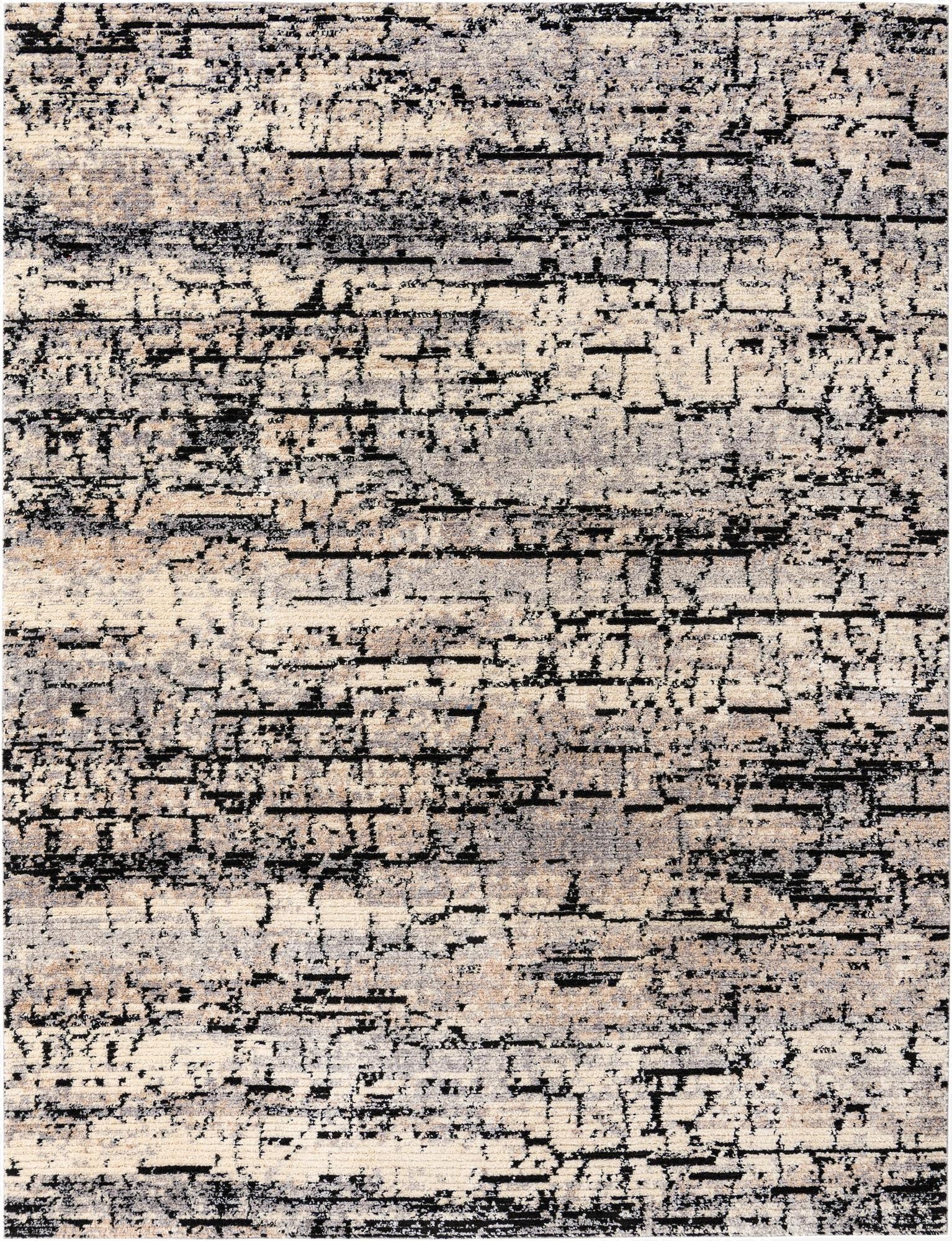 A 9x12 rectangular gray Southwestern modern shag rug with textured black and silver stripes.