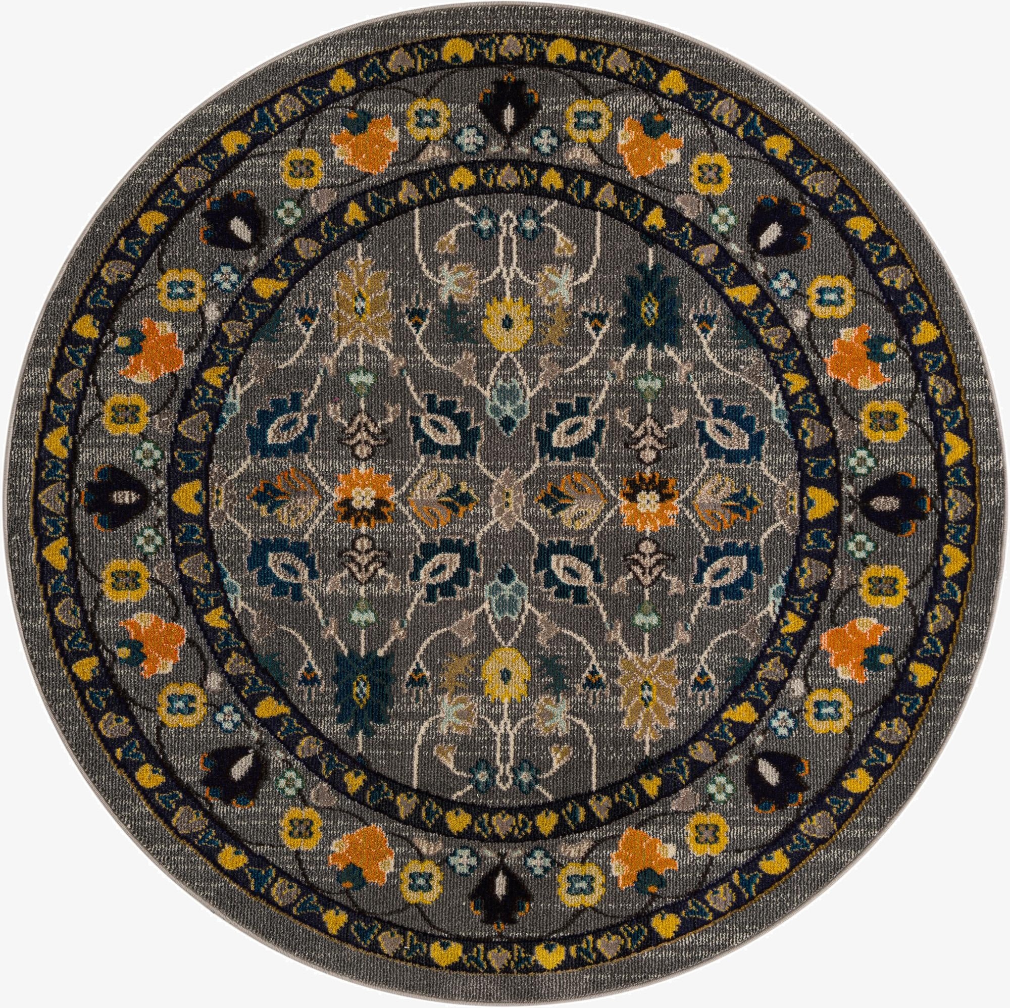 A 6' 0 x 6' 0 round gray rug with a vibrant floral and botanical pattern in yellow, orange, and blue, featuring a decorative border.