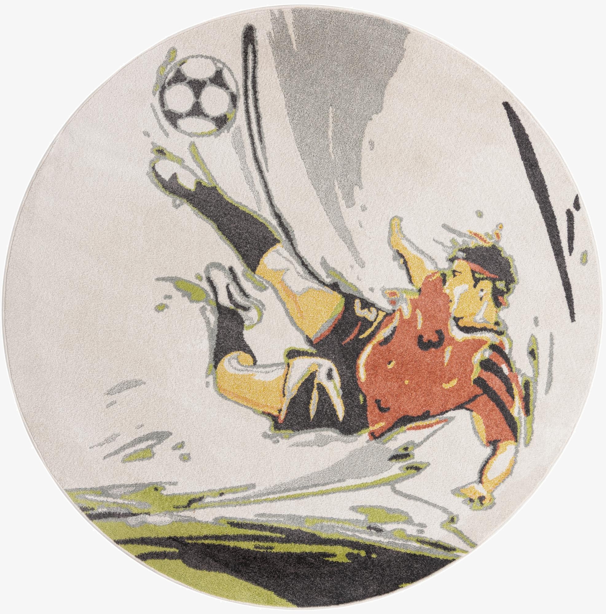 7' 10 x 7' 10 Soccer Player Whimsy Kids Round Rug