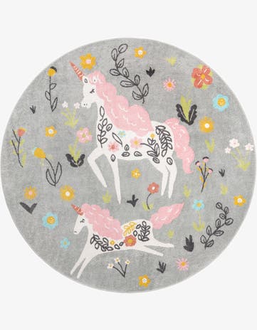 Gray Unicorns Whimsy Kids Round Rug