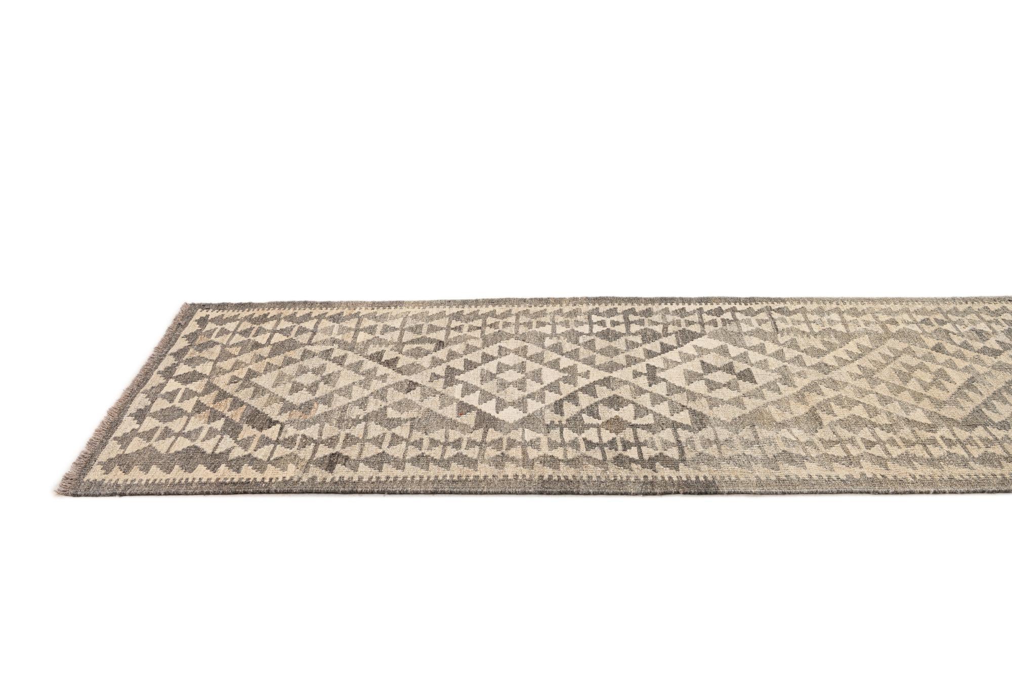 2' 9 x 9' 8 Hand Woven Kilim Maymana Wool Runner Rug