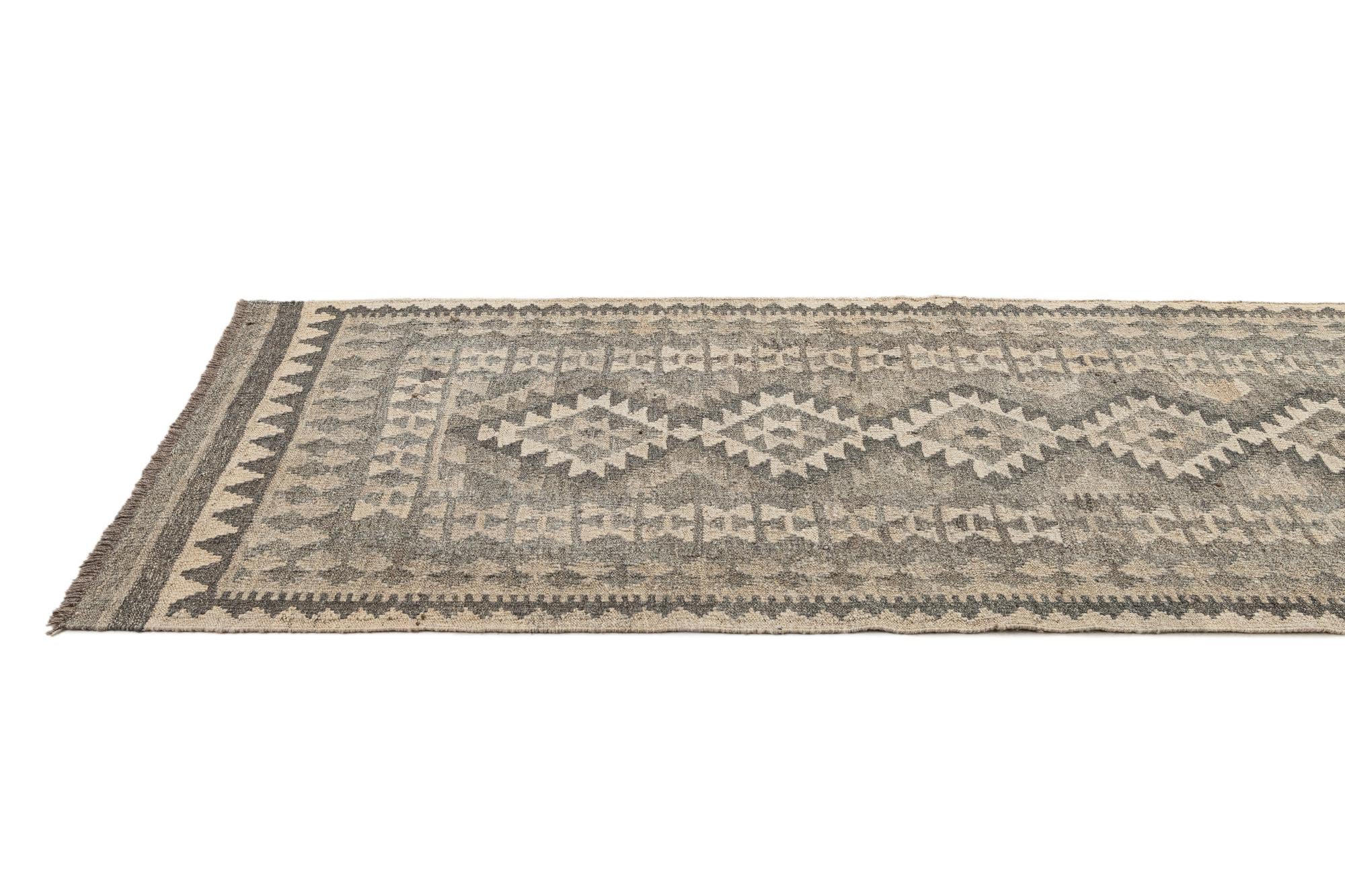 2' 9 x 9' 5 Hand Woven Kilim Maymana Wool Runner Rug