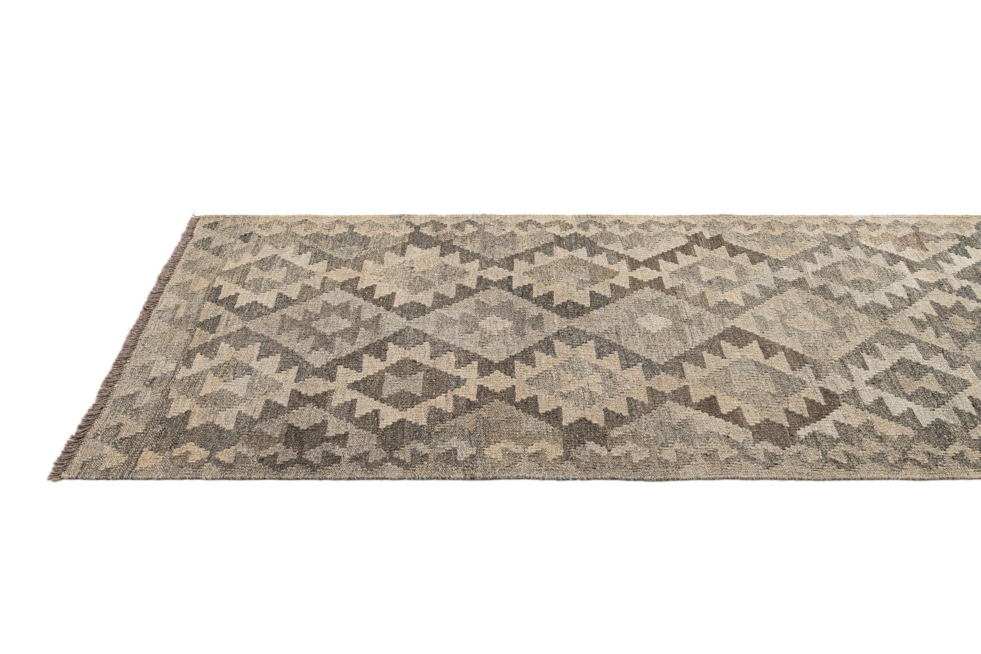 2' 11 x 9' 7 Hand Woven Kilim Maymana Wool Runner Rug
