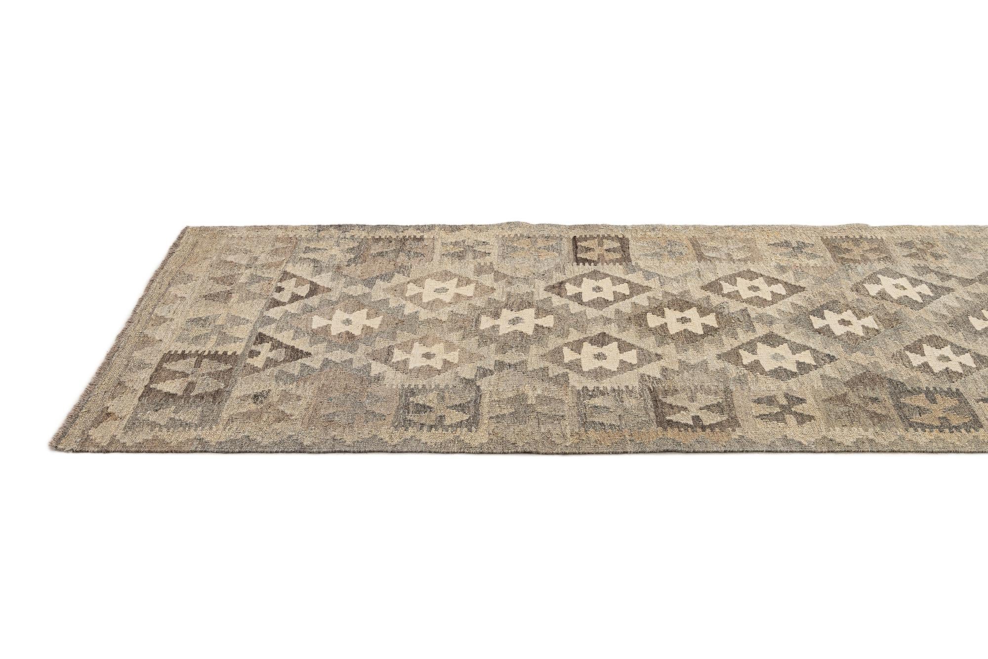 2' 9 x 9' 9 Hand Woven Kilim Maymana Wool Runner Rug