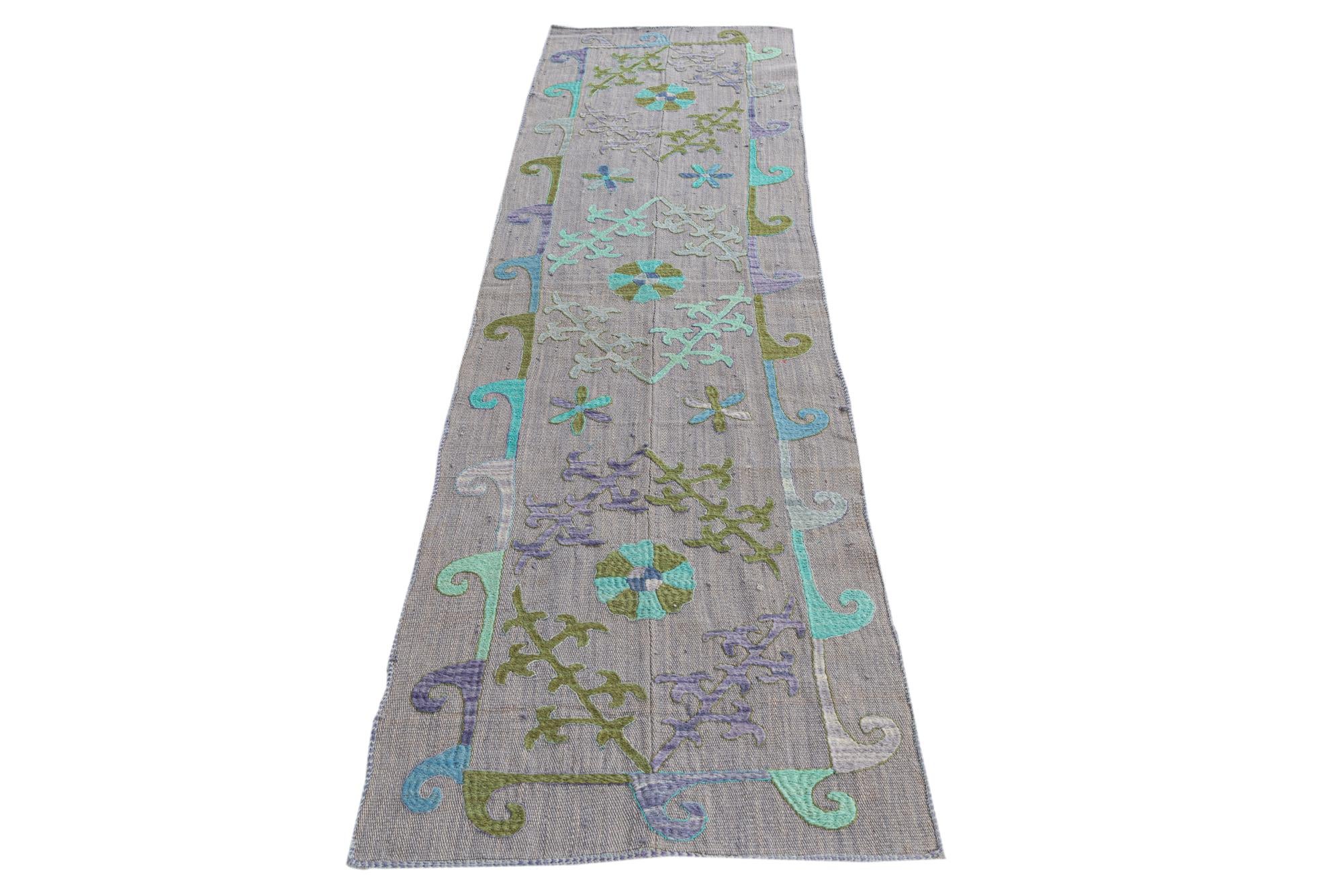 2' 2 x 7' 9 Hand Woven Kilim Suzani Wool Runner Rug