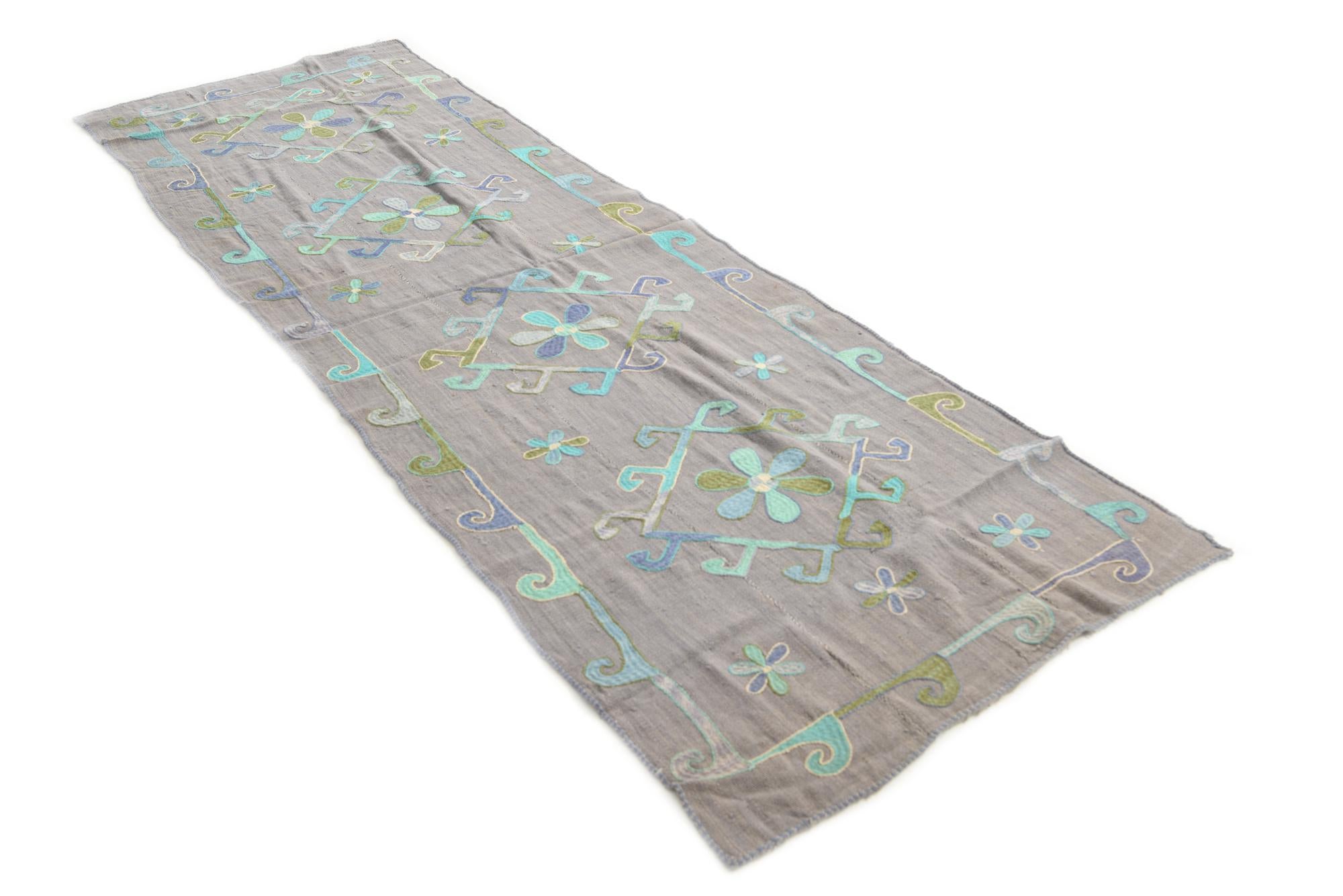 3' 4 x 10' 3 Hand Woven Kilim Suzani Wool Runner Rug